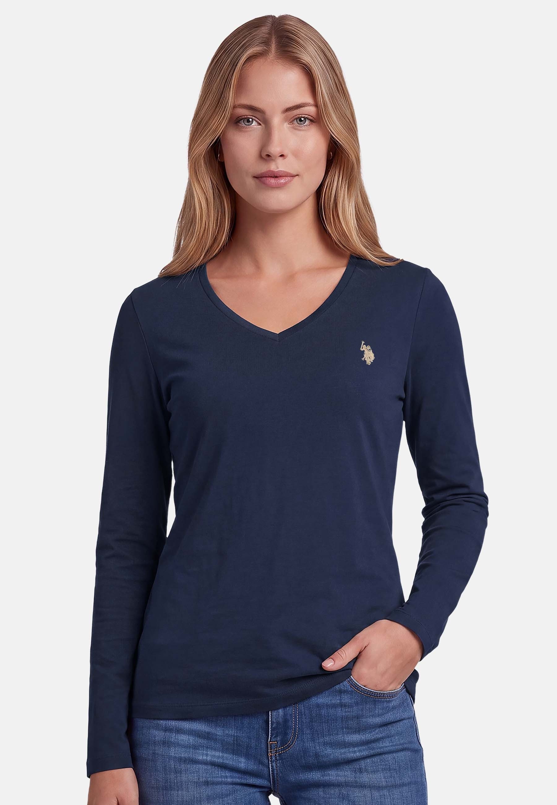 U.S. Polo Assn. Langarmshirt mit V-Ausschnitt und Stickereidetails Elastisches Longsleeve mit gerippten Bündchen und normaler Passform