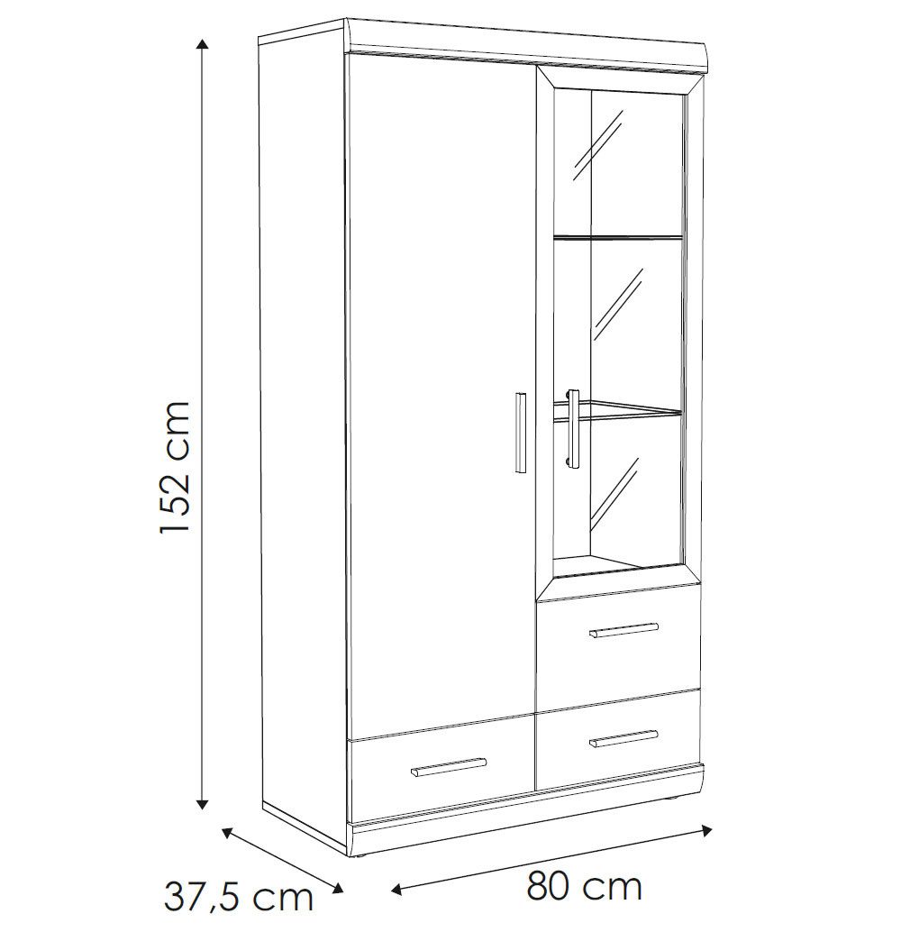 Feldmann-Wohnen Vitrine Imperial (1 Holztür, 1 Glastür, 3 Schubladen, Holzböden, Glasböden, 1-St., moderne Nussbaumoptik, Kunststoffgriffe) 80x37,5x152cm Nussbaum Imperial