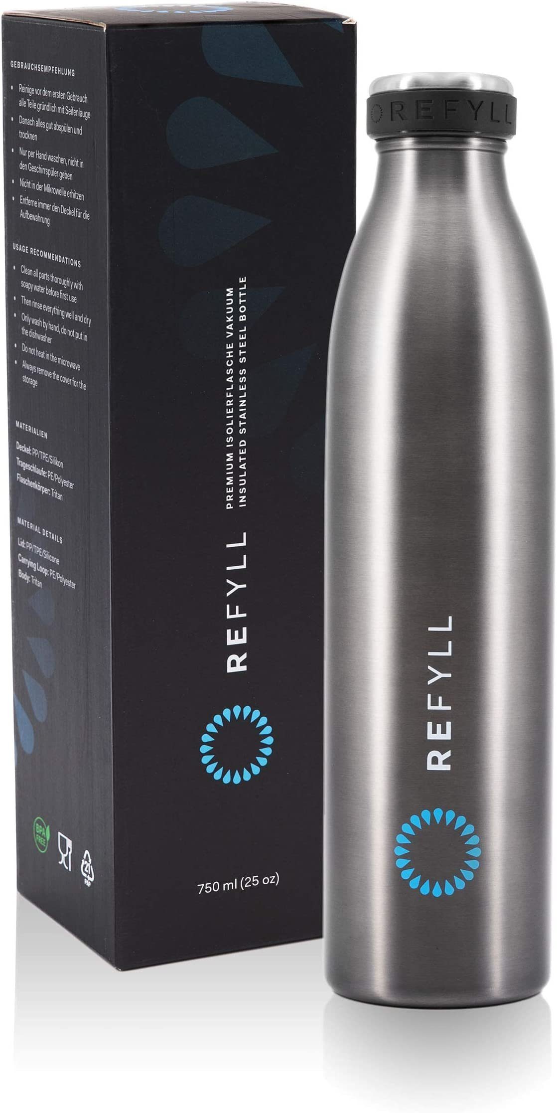 REFYLL Thermoflasche Trinkflasche "dailyFYLL" - 500ml, 750ml, 1l - Auslaufsicher & isoliert, Thermosflasche mit doppelwandiger Vakuum Isolierung Grau