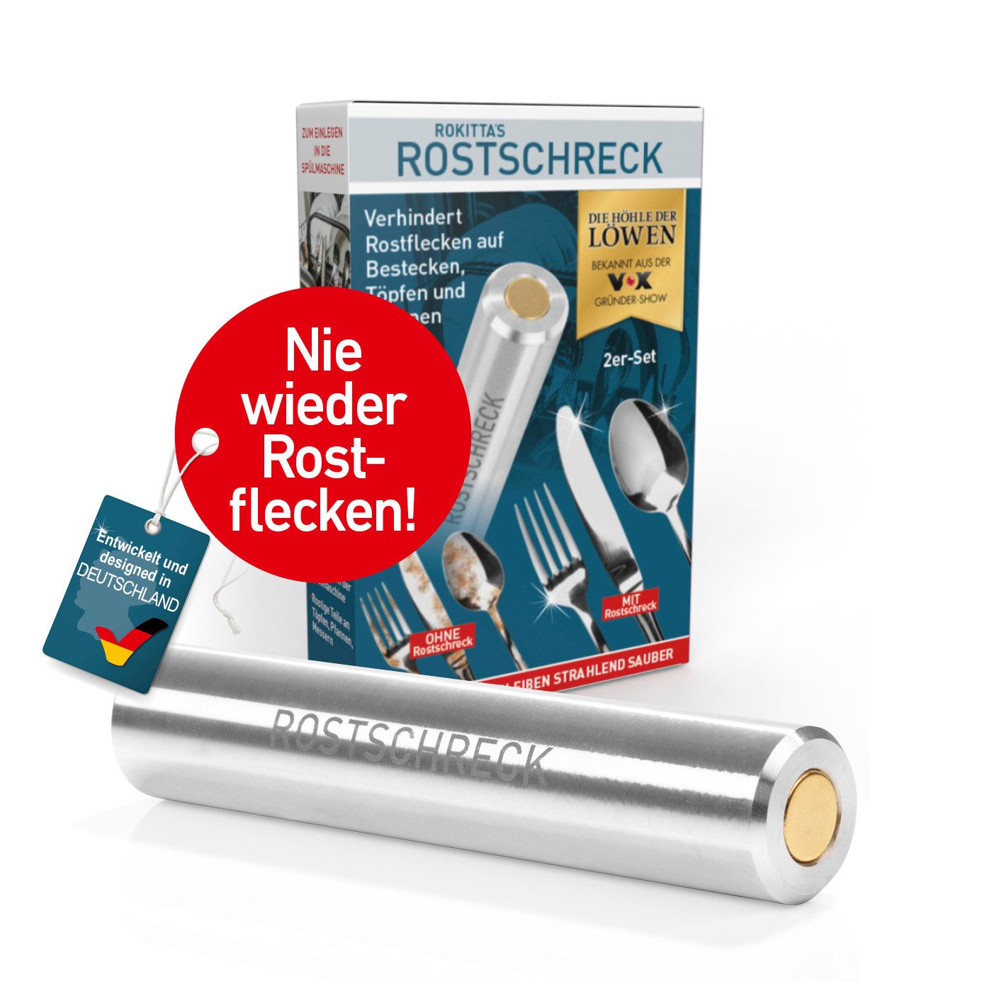 Rokitta's Rostschreck Geschirrspüleinsatz verhindert Rostflecken auf Geschirr & Besteck, nie wieder braune Flecken! Ohne Chemie - umweltfreundlich