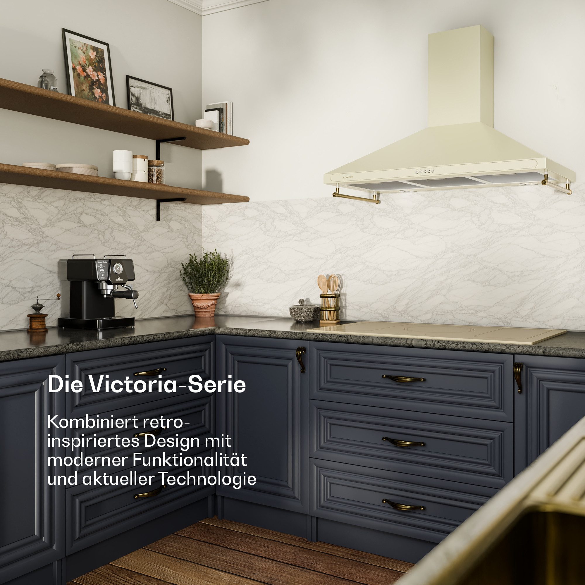 Klarstein Deckenhaube Victoria 90 Serie Victoria 90 Dunstabzugshaube 90 cm Retro 644,5 m³/h LED Reling Bronze Victoria 90, Abluft oder Umluft Abzughsaube Dunstabzug Ablufthaube Umlufthaube