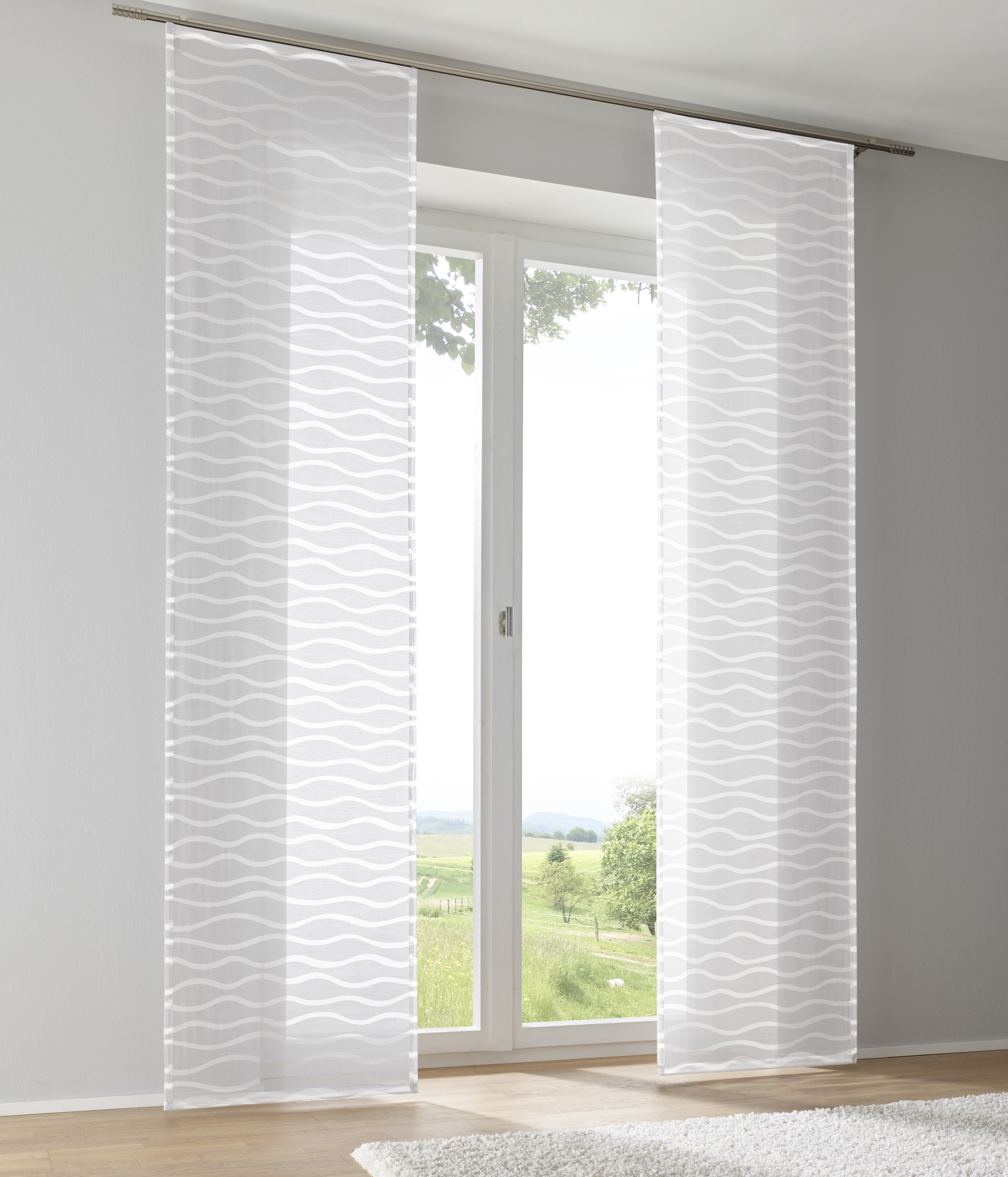 Kutti Schiebegardine Enya (1 St), Paneelwagen, halbtransparent, Ausbrenner, Ausbrenner Welle transparent uni
