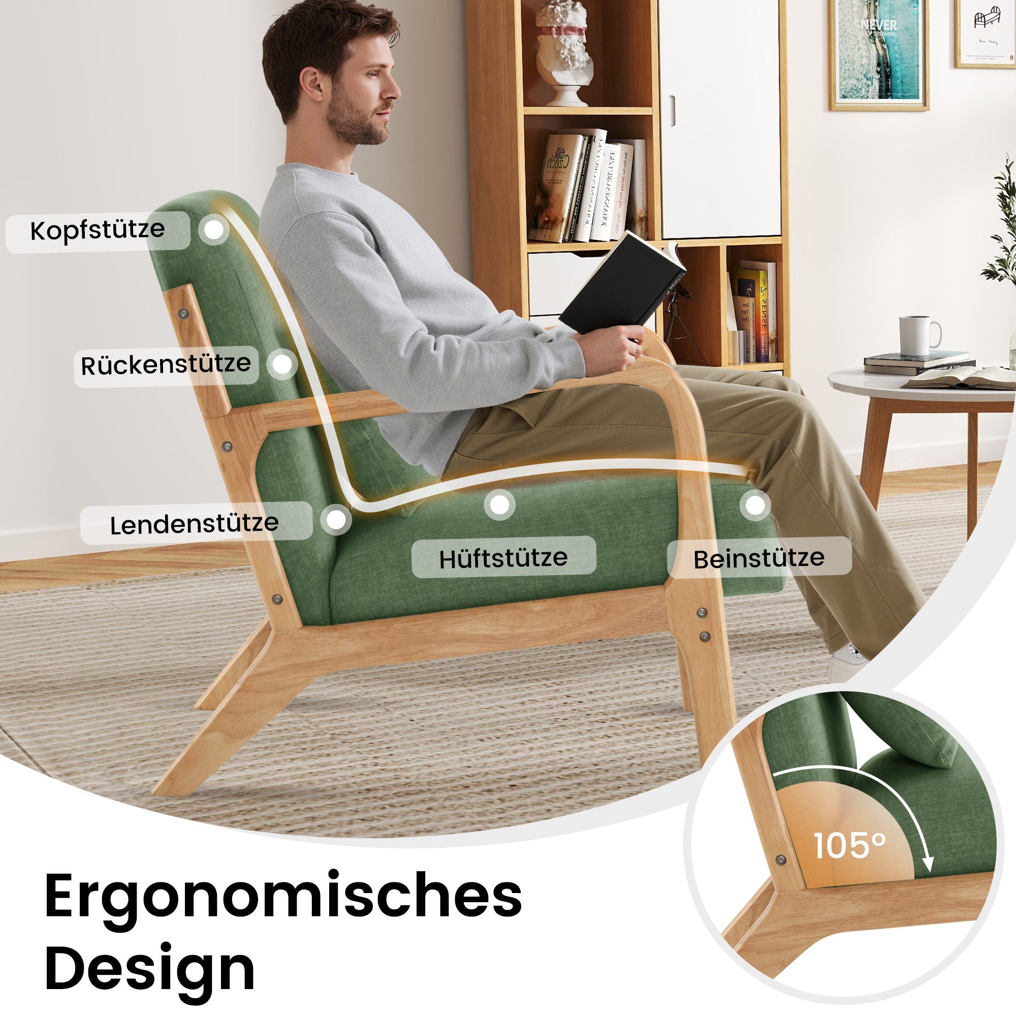 Aunekiv Sessel mit Kissen & Holzrahmen, Lesesessel, Mid-Century Sessel (1-St), Perfekt als Relaxsessel für Wohnzimmer und kleine Räume – Bild 5 von 5