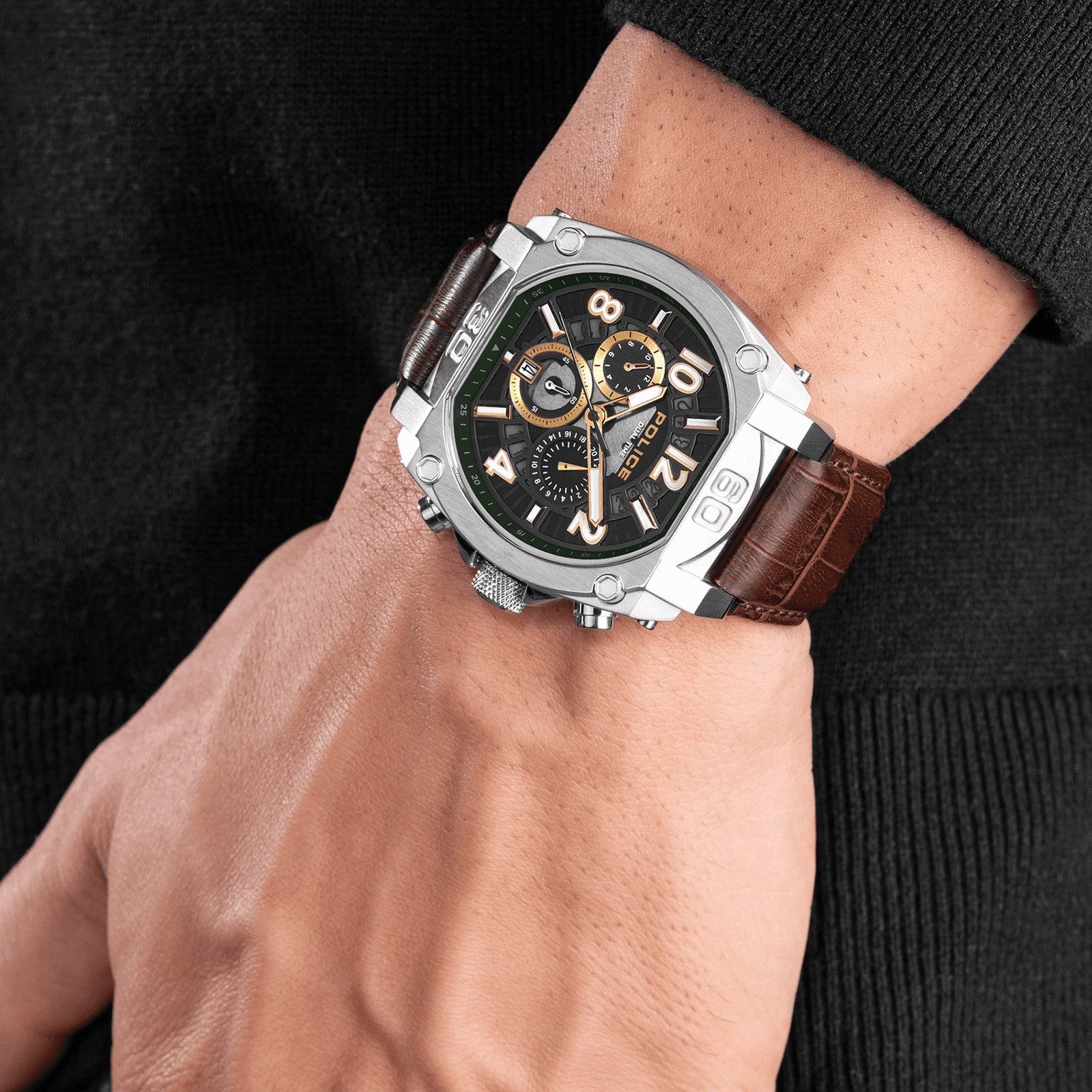 Police Multifunktionsuhr Police Herrenuhr Leder braun, (Multifunktionsuhr), Herrenuhr rund, extra groß (ca. 45x51,5mm) Lederarmband, Elegant-Style