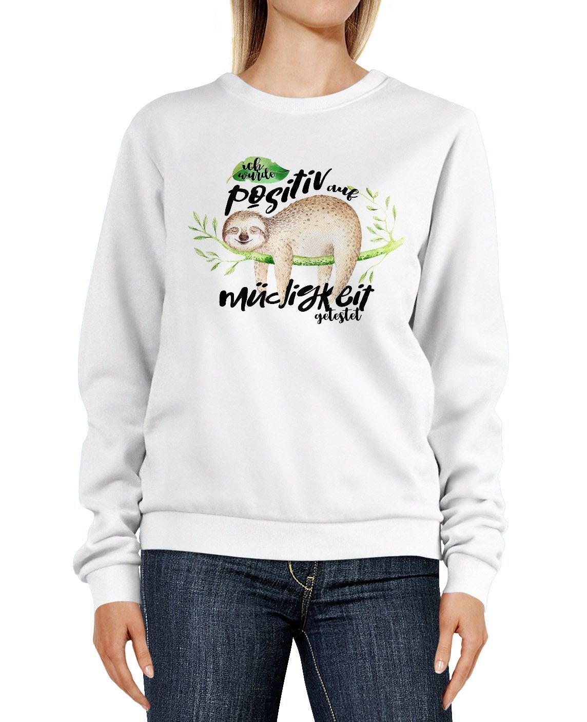 MoonWorks Sweatshirt Sweatshirt Damen Faultier Müdigkeit Moonworks® wurde positiv Rundhals-Pullover Pulli Sweater auf weiß getestet Ich