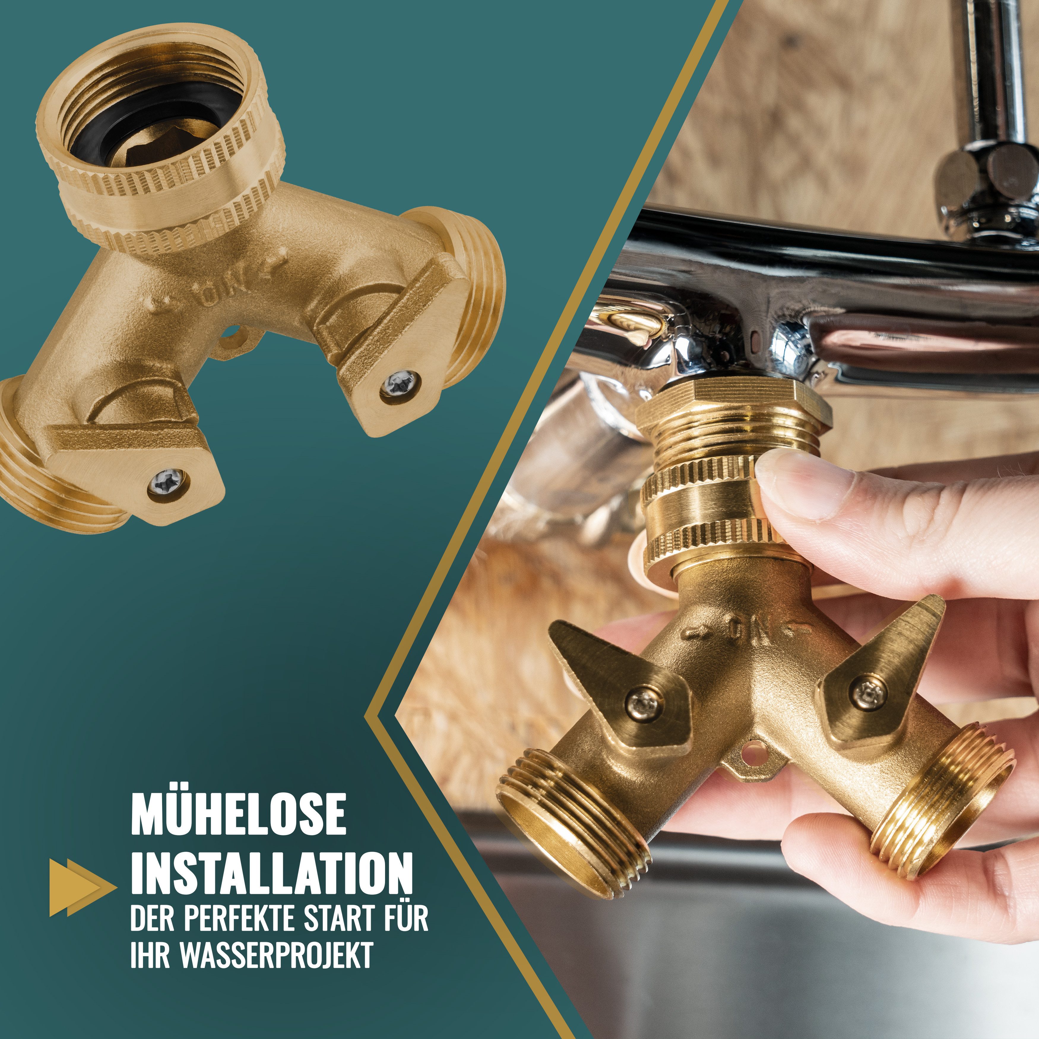 Poppstar 2-Wege Verteiler Verteiler 3/4 Zoll für Wasser aus Messing, (2 Auslaufventile einzeln regulierbar), für Wasserhahn, Waschmaschine, Küche & Garten