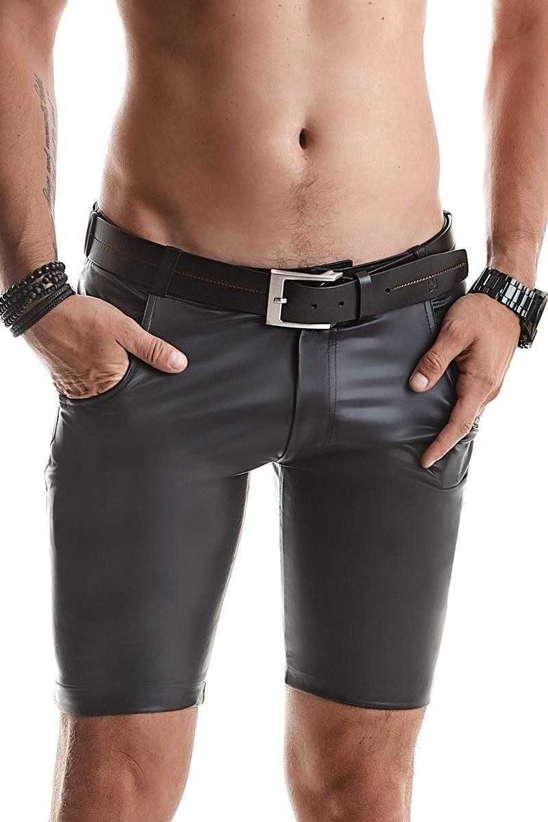 Lederimitathose Herren wetlook Shorts schwarz elastisch mit Taschen kurze Männer Hose
