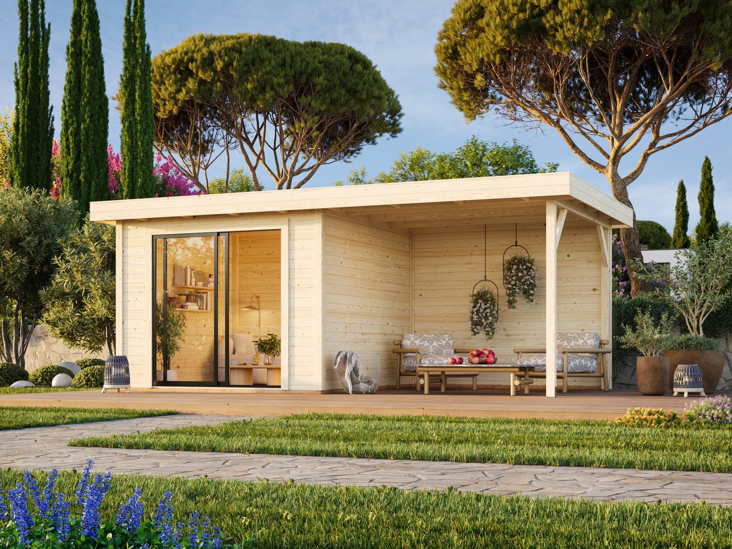 Finn Art Blockhaus Gartenhaus Flachdach 5x3m Holz Aktion 45 Plus, BxT: 585x291 cm, ohne Fußboden mit Anbau, ohne Dacheindeckung
