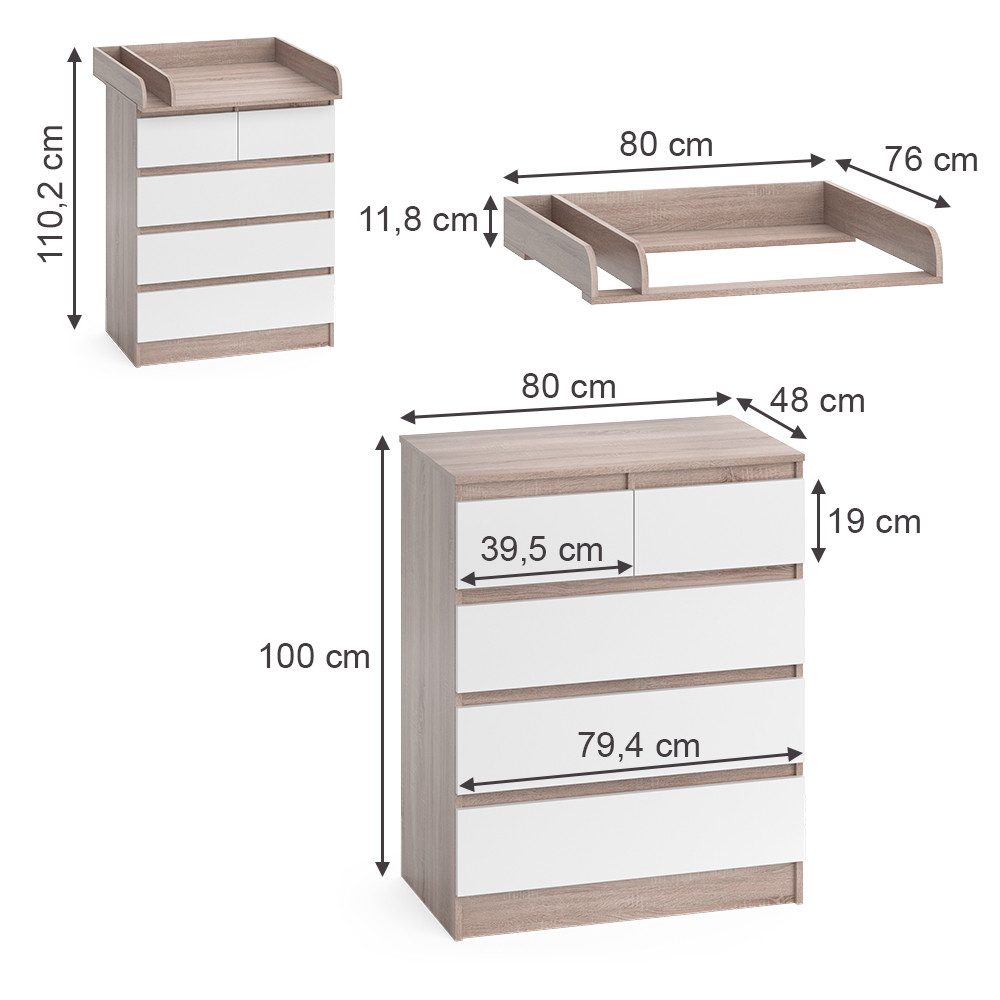 Vicco Wickelkommode Emma, Sonoma/Weiß, 80 x 110.2 cm mit 5 Schubladen