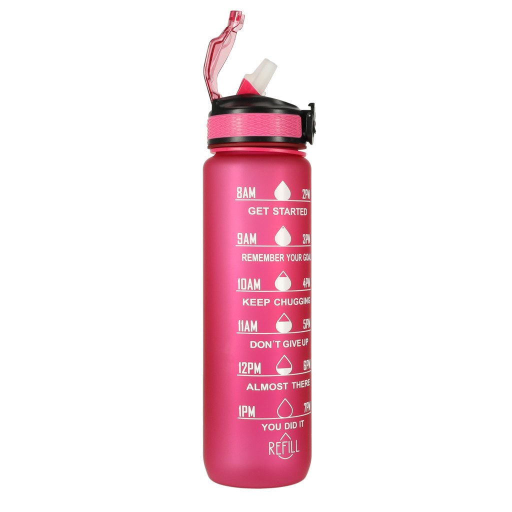 Ikonka Trinkflasche Motivations-Wasserflasche 1L – Tritan, BPA-frei, mit Strohhalm, Motivations-Wasserflasche mit Strohhalm und Messskala, 1L