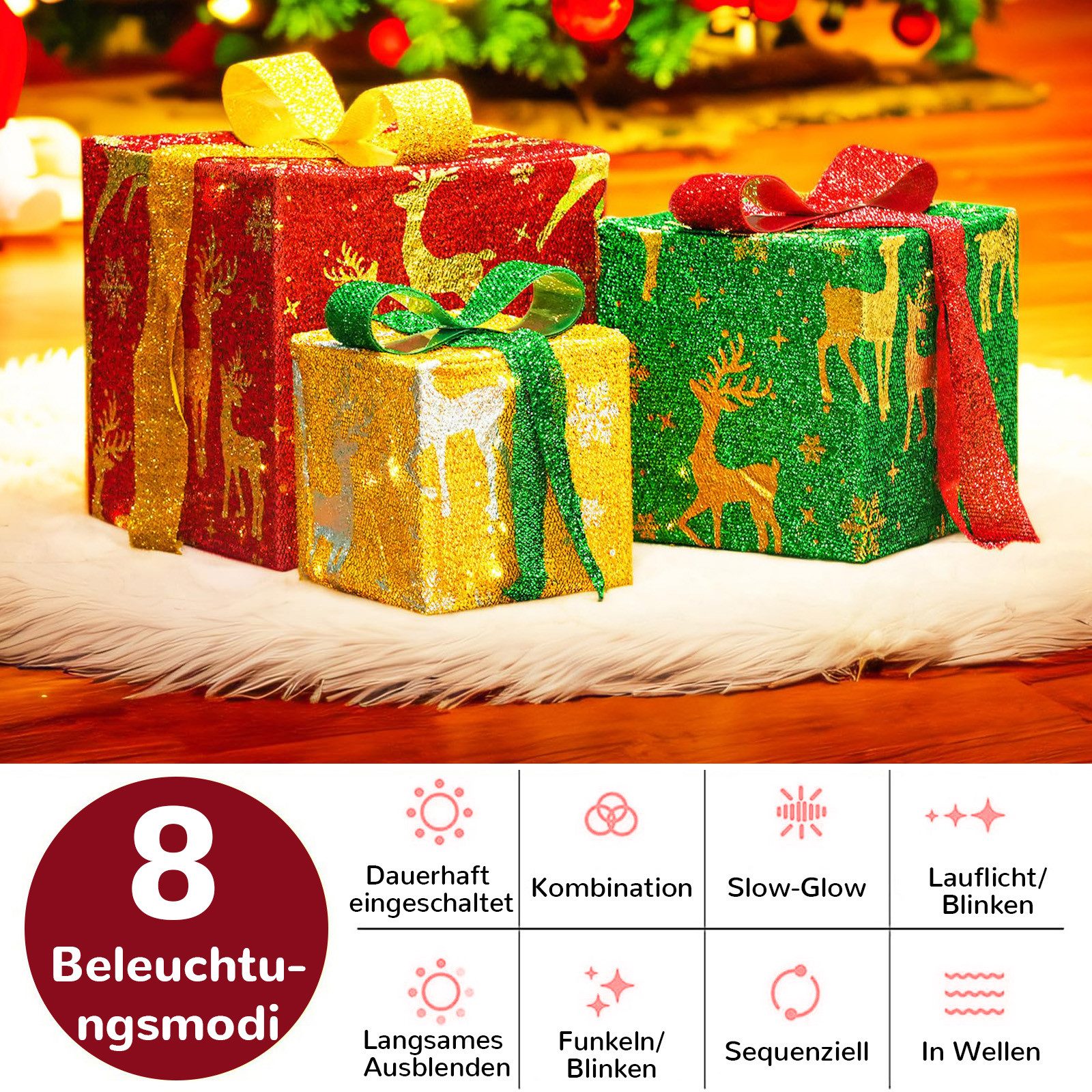 Jibenhome LED Dekoobjekt LED Beleuchtete Geschenkboxen 3er-Set, 8 Modi, Batteriebetrieben, 50 LEDs Warmweiß, Faltbar