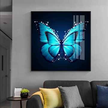 TPFLiving Kunstdruck (OHNE RAHMEN) Poster - Leinwand - Wandbild, Blauer Schmetterling und Pfau auf schwarzem Grund - (Motive in verschiedenen Größen - auch im 3-er Set erhältlich), Farben: Blau, Schwarz - Größe: 20x20cm
