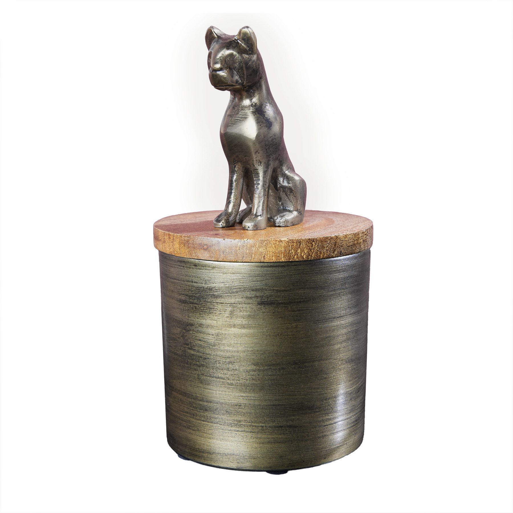 riess-ambiente Aufbewahrungsdose PANTHER 20cm gold – Metalldose mit Raubkatze & Holzdeckel (Einzelartikel, 1 St), Panther-Figur aus Metall, Deckel aus Mangoholz, Safari-Design-Dose