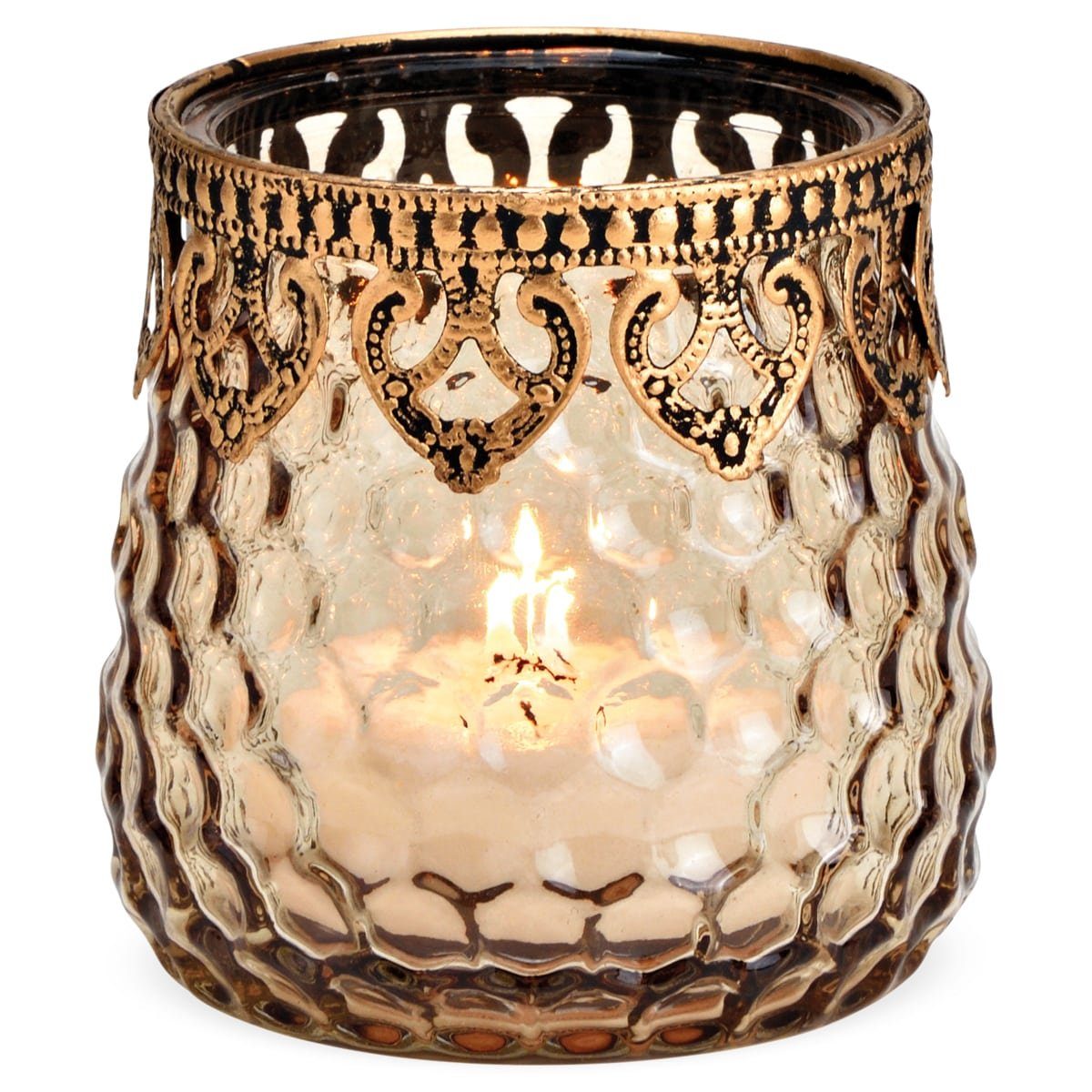 matches21 HOME & HOBBY Kerzenständer Windlicht aus Glas in braun mit Metall Dekor in ø 9x9 cm