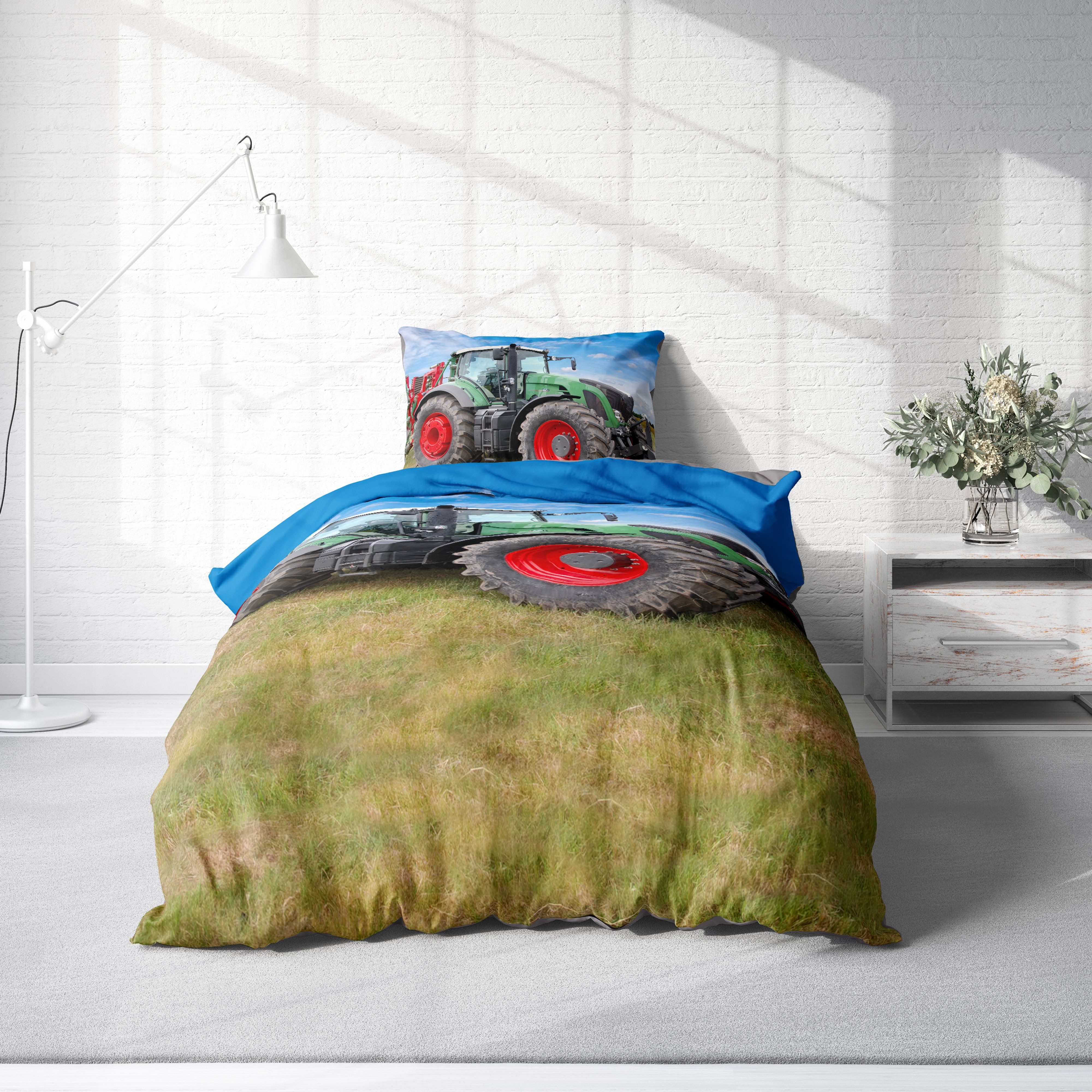 One Home Bettwäsche Fotodruck, Mikrofaser, 4 teilig, Traktor Trecker Landmaschinen, Knitterfrei Weich für Sommer und Winter