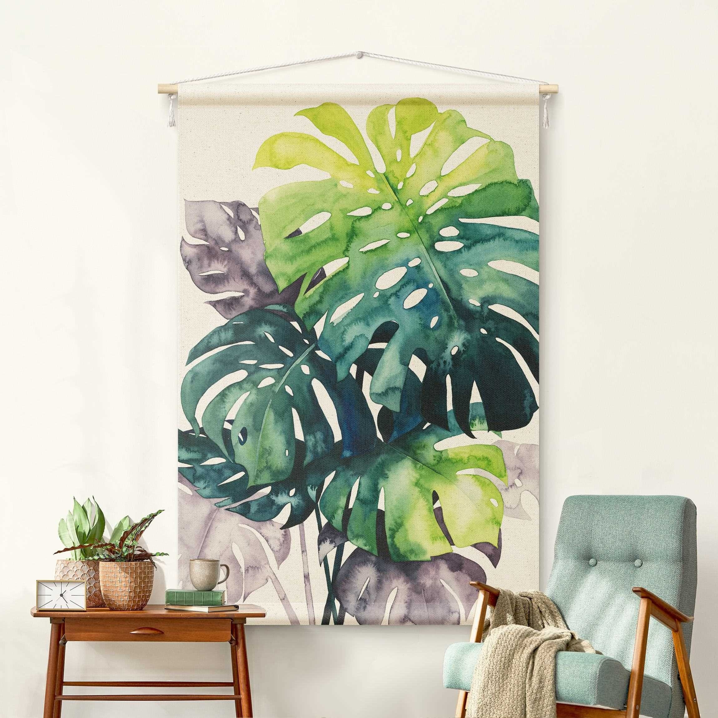 Bilderdepot24 Wandteppich modern Aquarell Tropisch grün, rechteckig, Höhe: 2.6 mm, großes Wandbild aus Natur-Baumwolle Wandbehang Stoffbild Tuch Wollseil