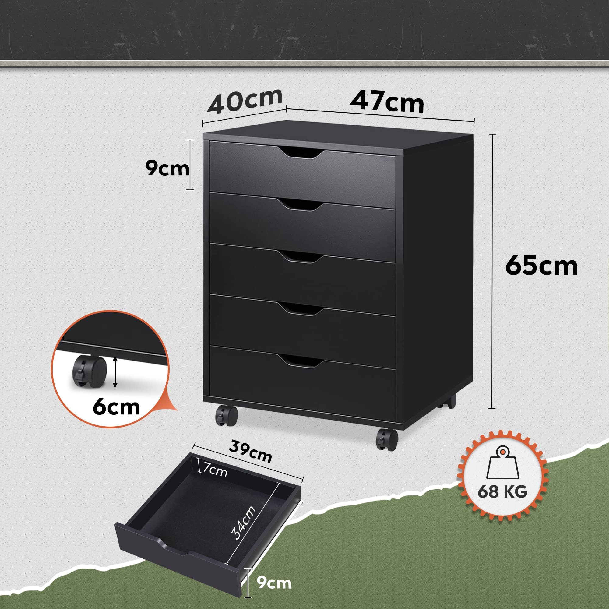 DEVAISE Rollcontainer Mobiler Aktenschrank mit 5 Schubladen & Tür, (47 x 40 x 65 cm), abschließbar, Druckerständer, für Homeoffice, Büro