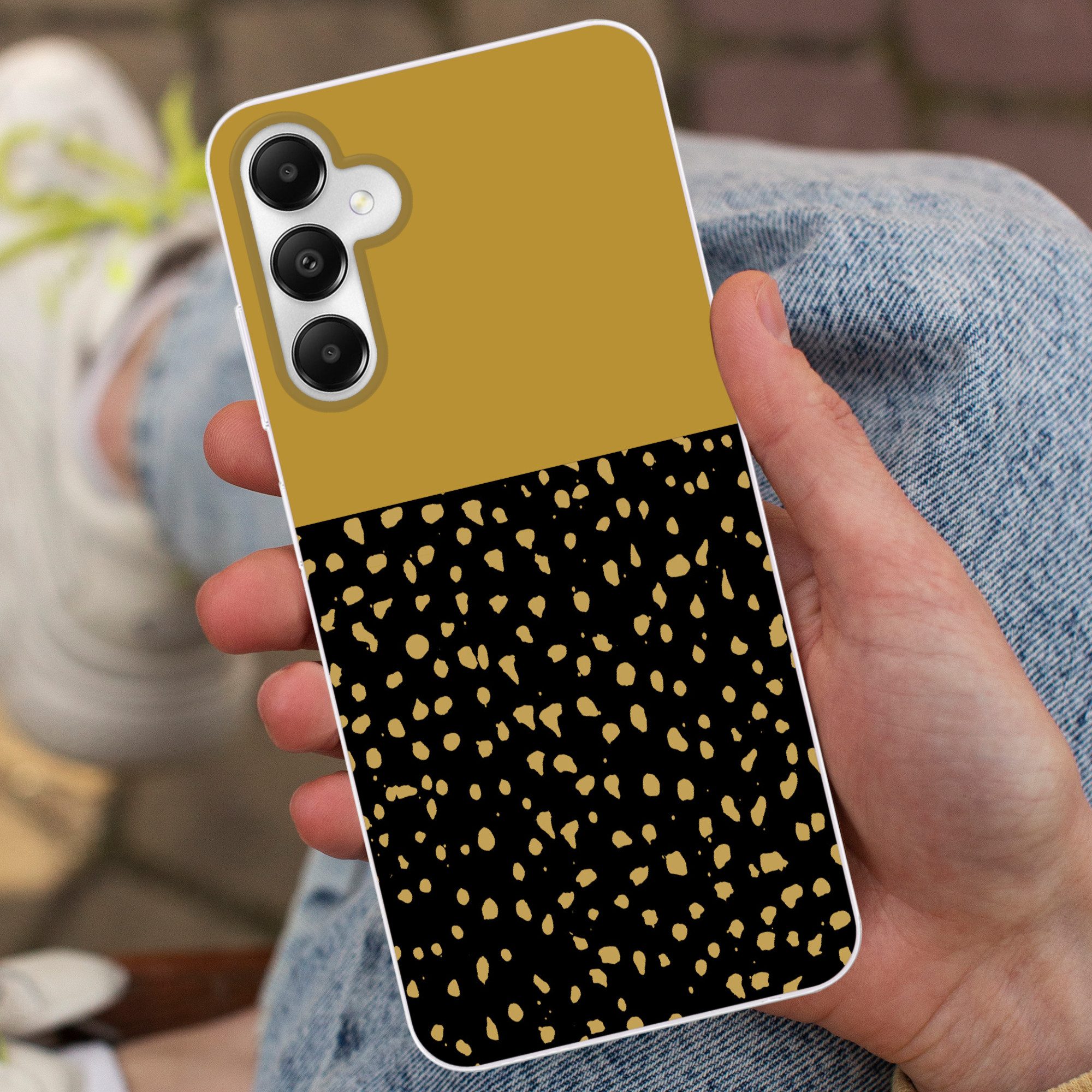 MuchoWow Handyhülle für Samsung Galaxy A05s Polka dots - Ockergelb - Schwarz, Smartphone-Bumper, Print, Handy Schutzhülle Dünn