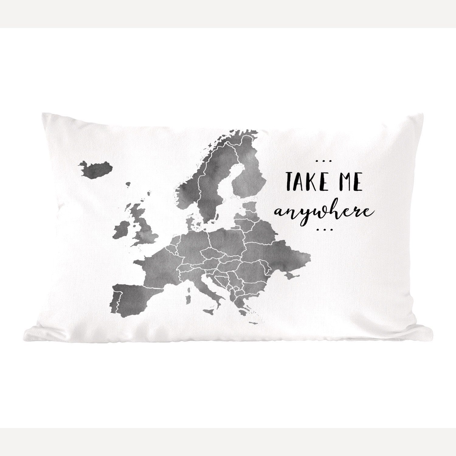 MuchoWow Dekokissen Eurocard in grauer Aquarellfarbe mit dem Text 'Take me anywhere' -, Wohzimmer Dekoration, Zierkissen, Dekokissen mit Füllung, Schlafzimmer