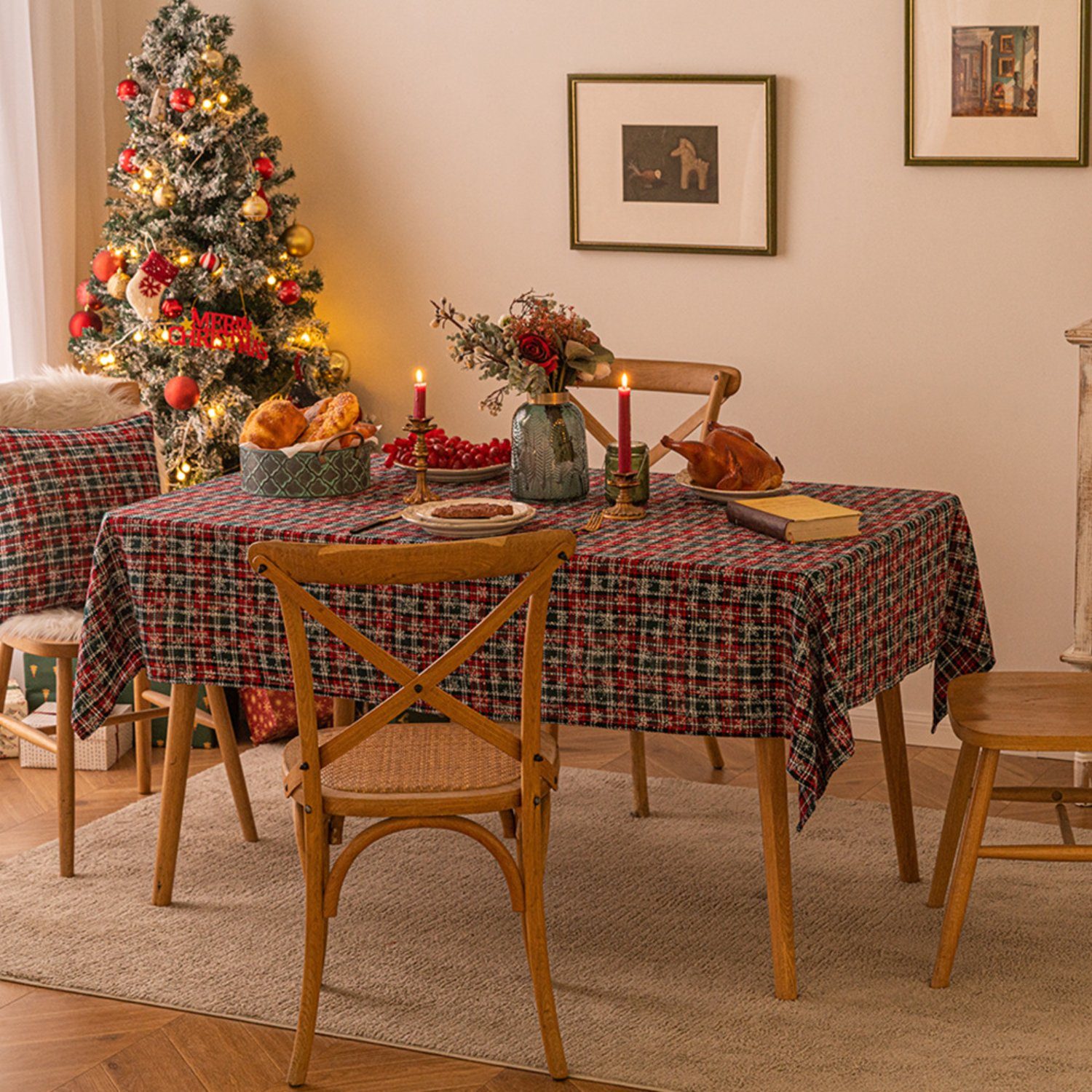 Tartan HOMEIDEAS Schneeflocke Tischtuch, Grün Weihnachten Tischdecke,