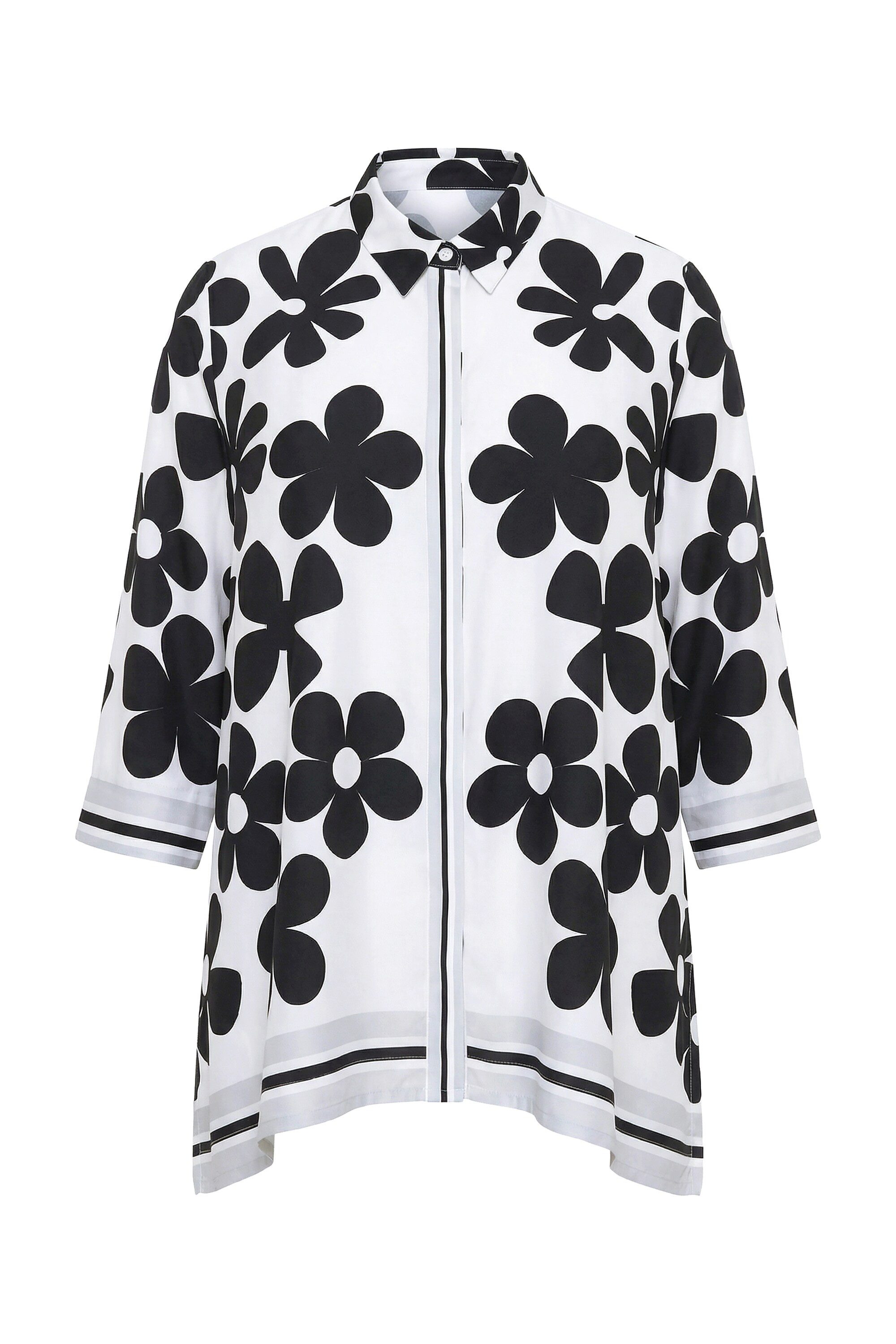 Ulla Popken Hemdbluse Satinbluse Blüten Oversized Hemdkragen 3/4-Arm