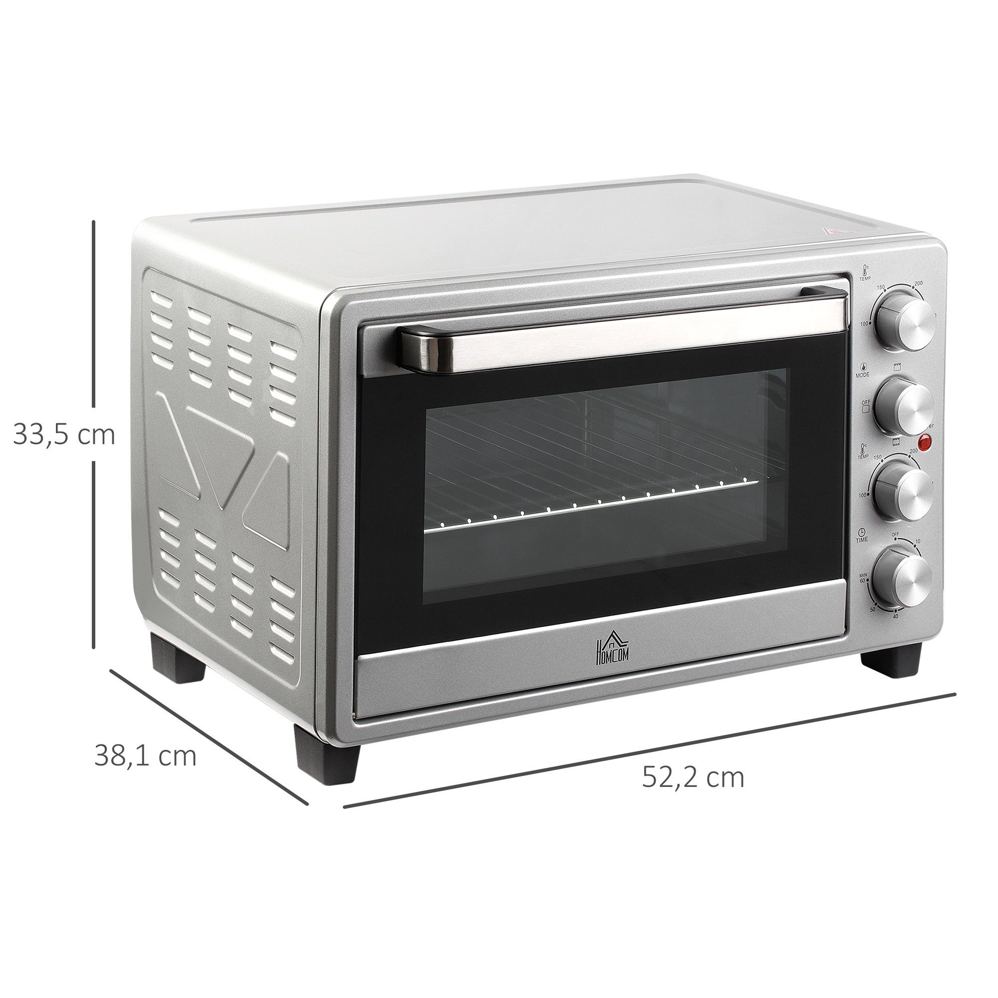 HOMCOM Minibackofen 32L Mini Ofen mit Grillrost, Backblech, 3 Kochmodi, Silber 52,2 x 38,1 x 33,5 cm