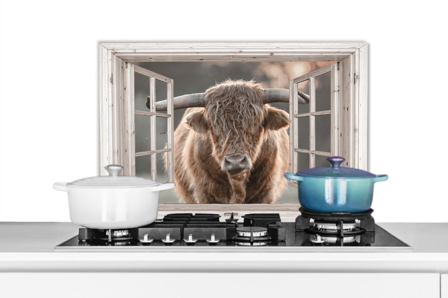 MuchoWow Küchenrückwand Schottischer Highlander - Tier - Ansicht, (1-tlg), 60x40 cm, Herdblende aus Wandschutz, Temperaturbeständig küchen