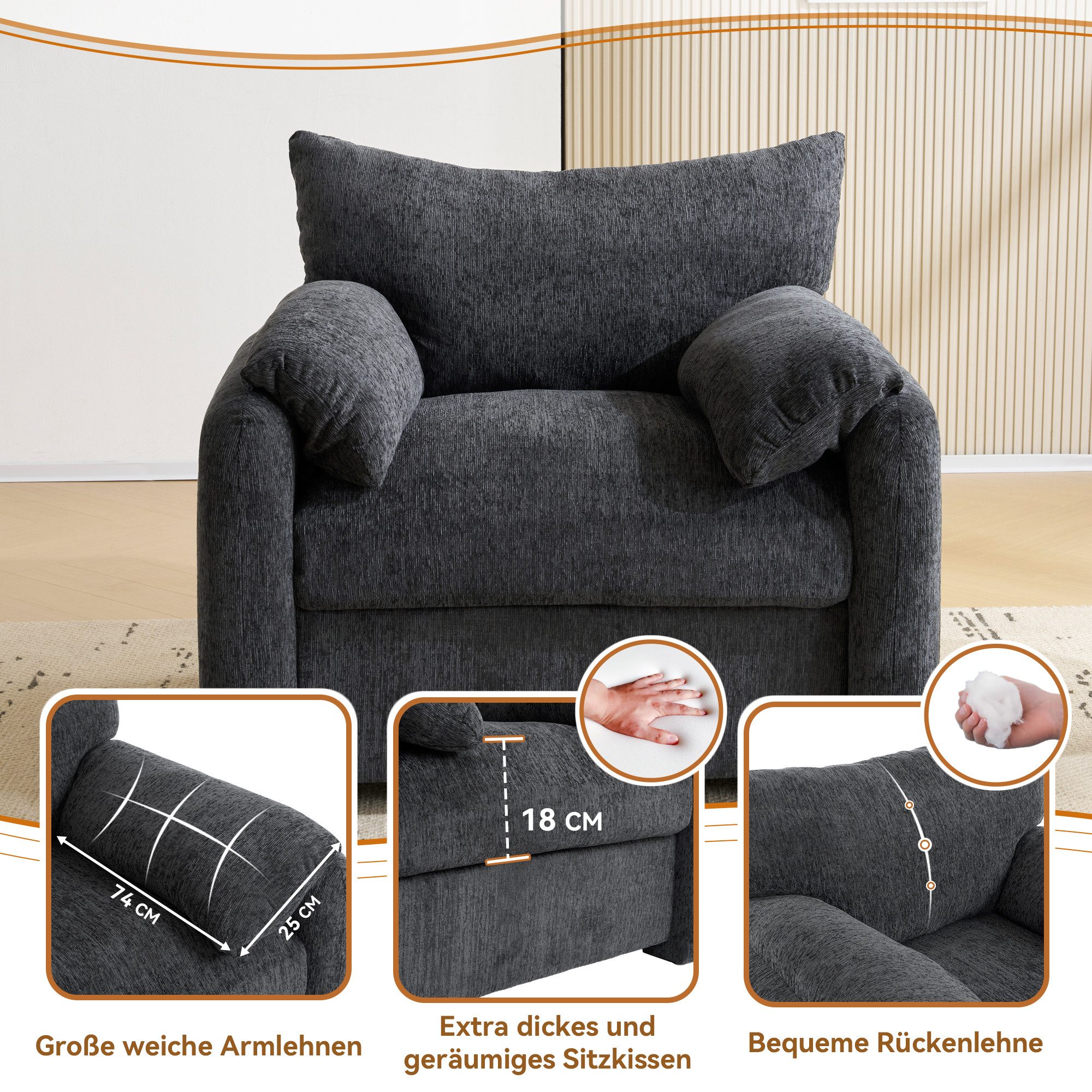 Merax Sessel Chenille-Stoff Einzelsessel mit extra dickem Kissen (96x82x84 cm), Armlehnensessel Polstersessel Akzentstul Relaxsessel