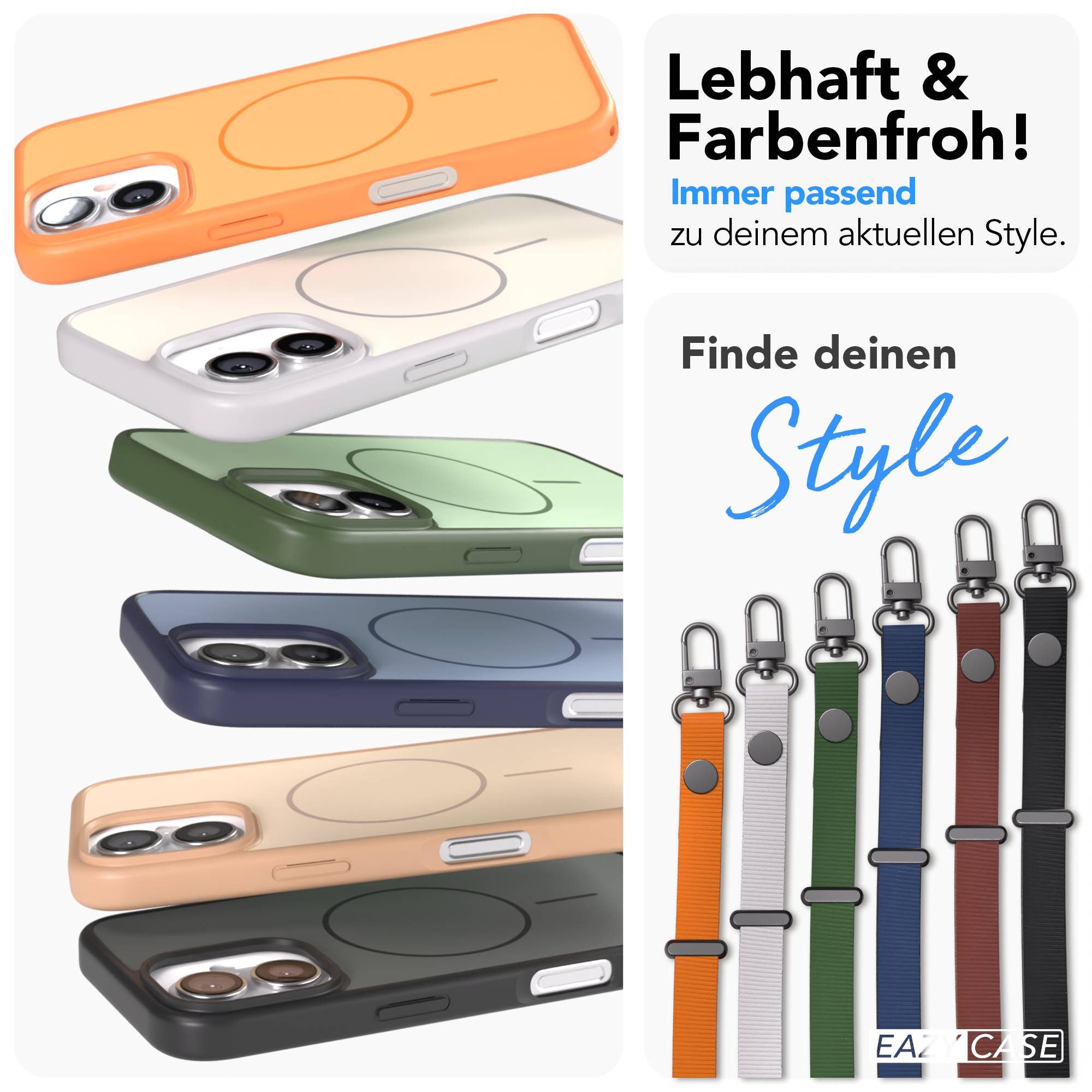 EAZY CASE Handykette Outdoor Case Thin MagSafe mit Band für Apple iPhone 16 6,1 Zoll, Outdoor Case mit Slim MagSafe Ring und Handykette in Schwarz