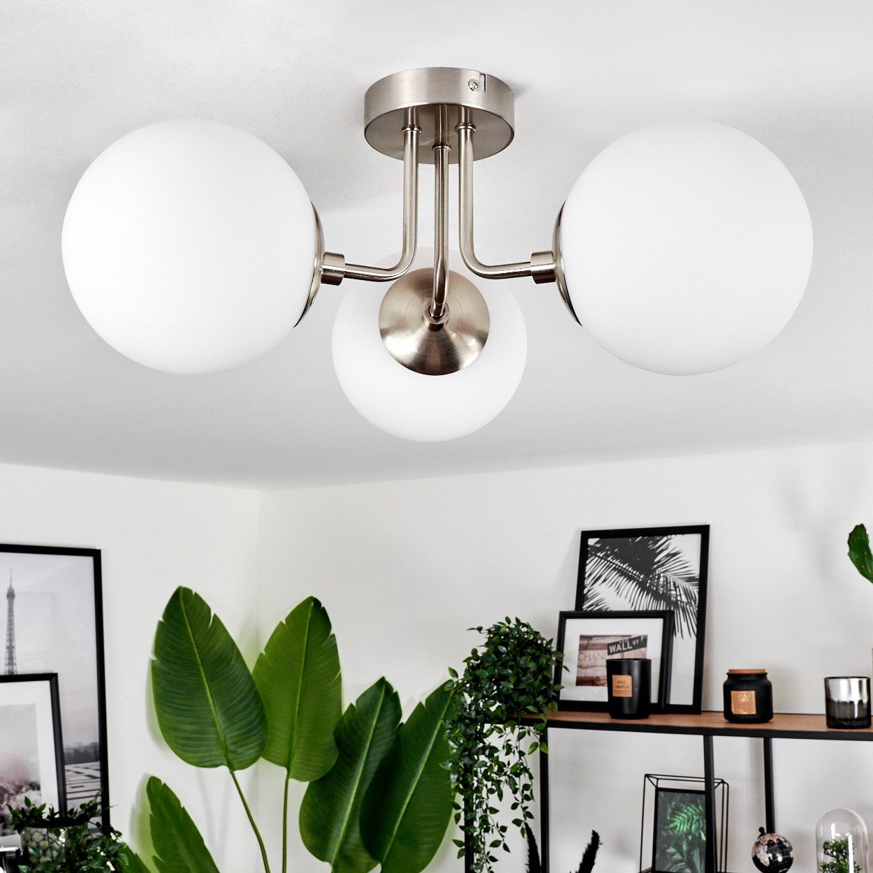hofstein Deckenleuchte moderne Deckenlampe aus Metall/Glas in Nickel-matt/Milchglas, ohne Leuchtmittel, im modernen Design, Glasschrime (15cm), 3x E14, ohne Leuchtmittel