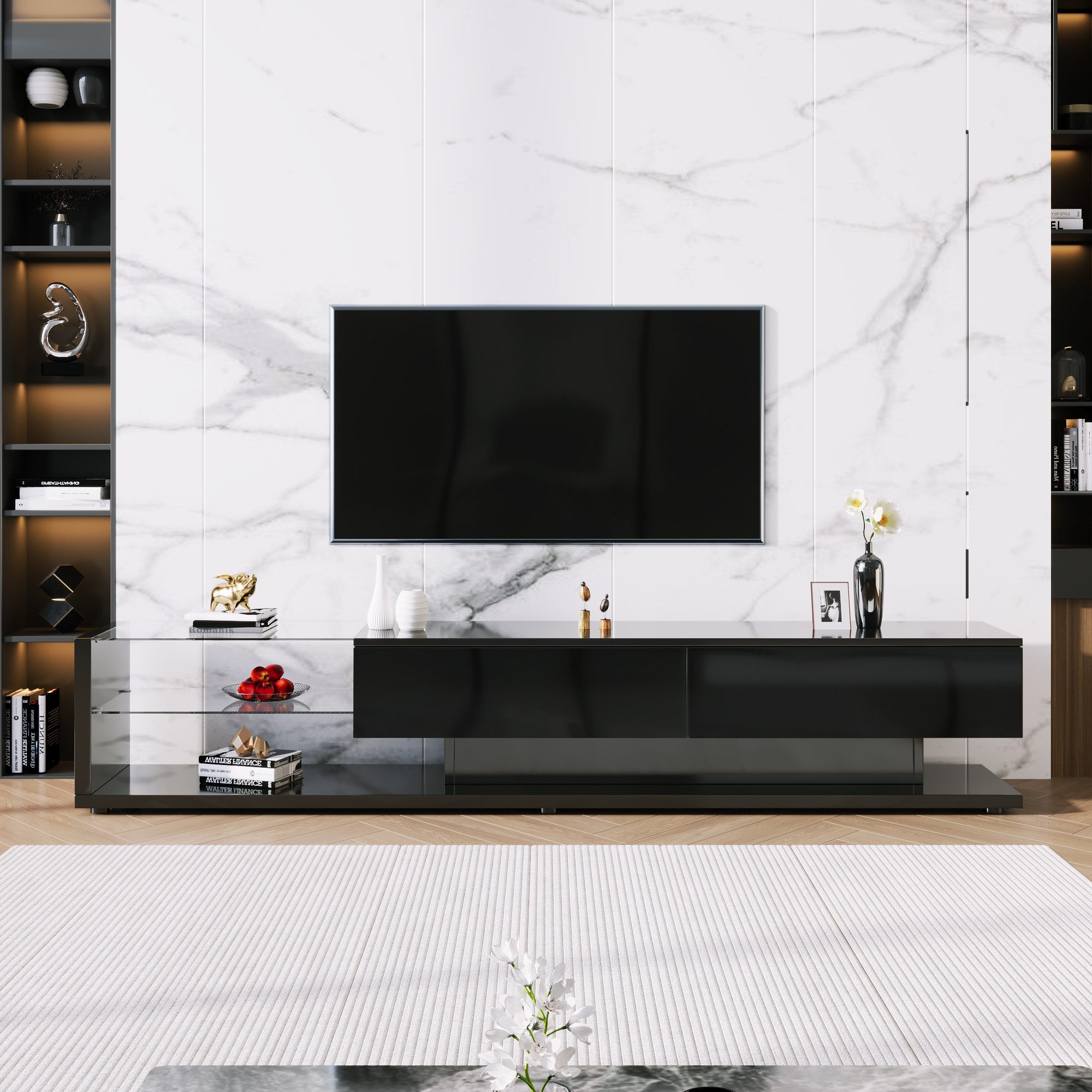 STILVORA Lowboard mit Glastrennwände,TV-Schrank Fernsehschrank mit LED-Beleuchtung (mit Glasablagen und Schubladen), TV-Schrank hochglänzend mit LED,TV-Ständer, Breite:170cm