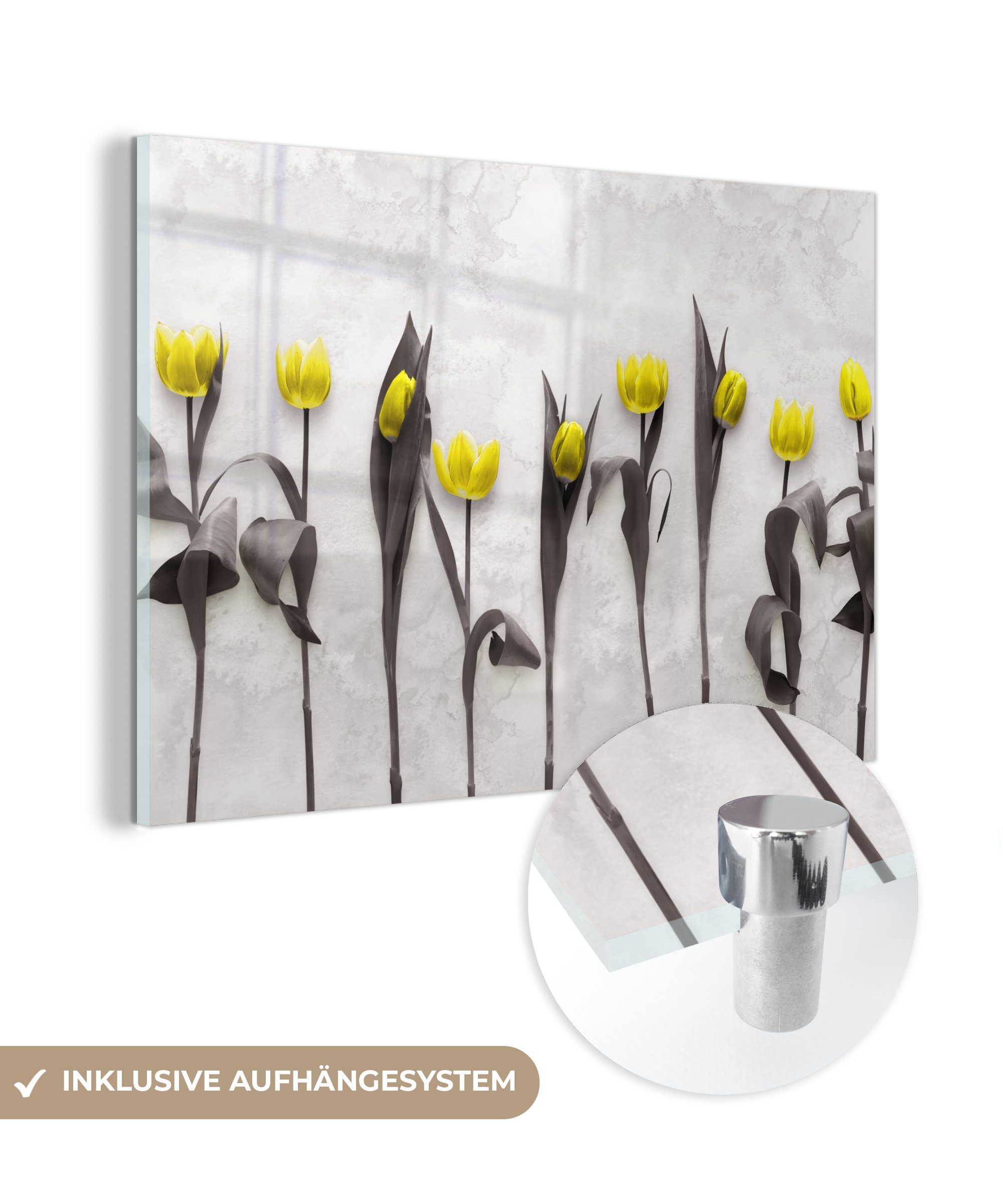 MuchoWow Acrylglasbild Blumen - Tulpen - Marmor, (1 St), Glasbilder - Bilder auf Glas Wandbild - Foto auf Glas - Wanddekoration