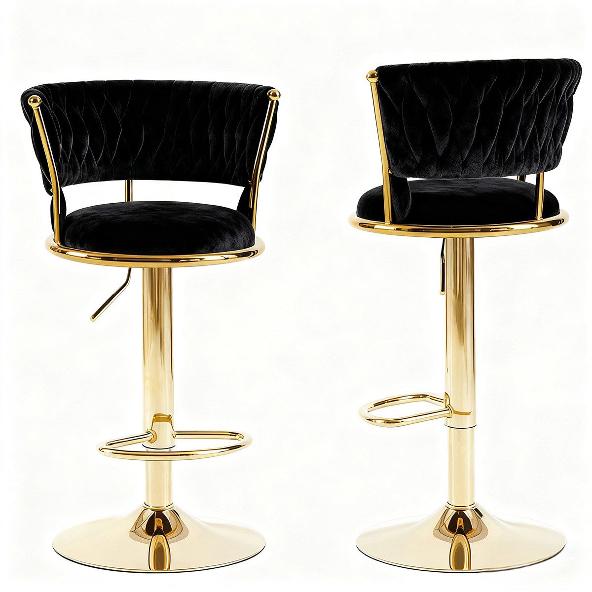 PFCTART Barhocker Samt Barhocker 2er Set höhenverstellbar (Set, 2 St., Rückenlehne – Küchenhocker aus Samt für Kücheninsel, Bar & Esszimmer), 360° drehbar – Barstuhl mit goldener Basis