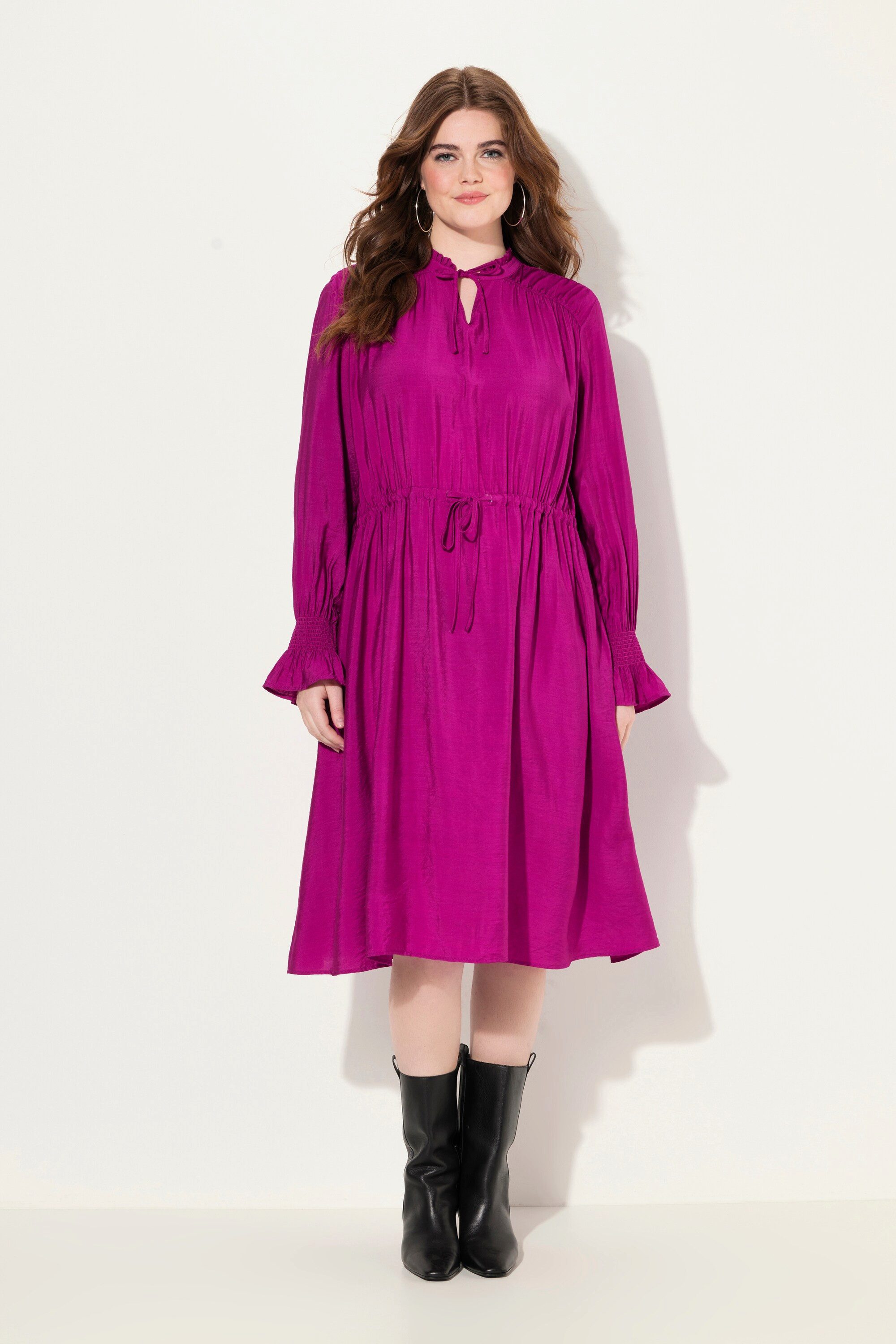 Ulla Popken Midikleid Kleid A-Linie Rüschen-Stehkragen Langarm