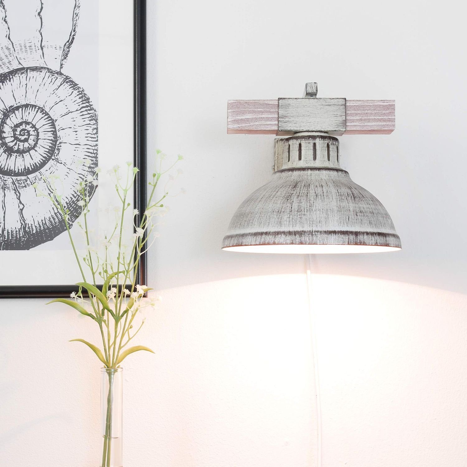 Licht-Erlebnisse Wandleuchte Metall mit ohne HAKON, rustikal Wandlampe Stecker Leuchtmittel, Weiß Wohnzimmer Shabby Holz
