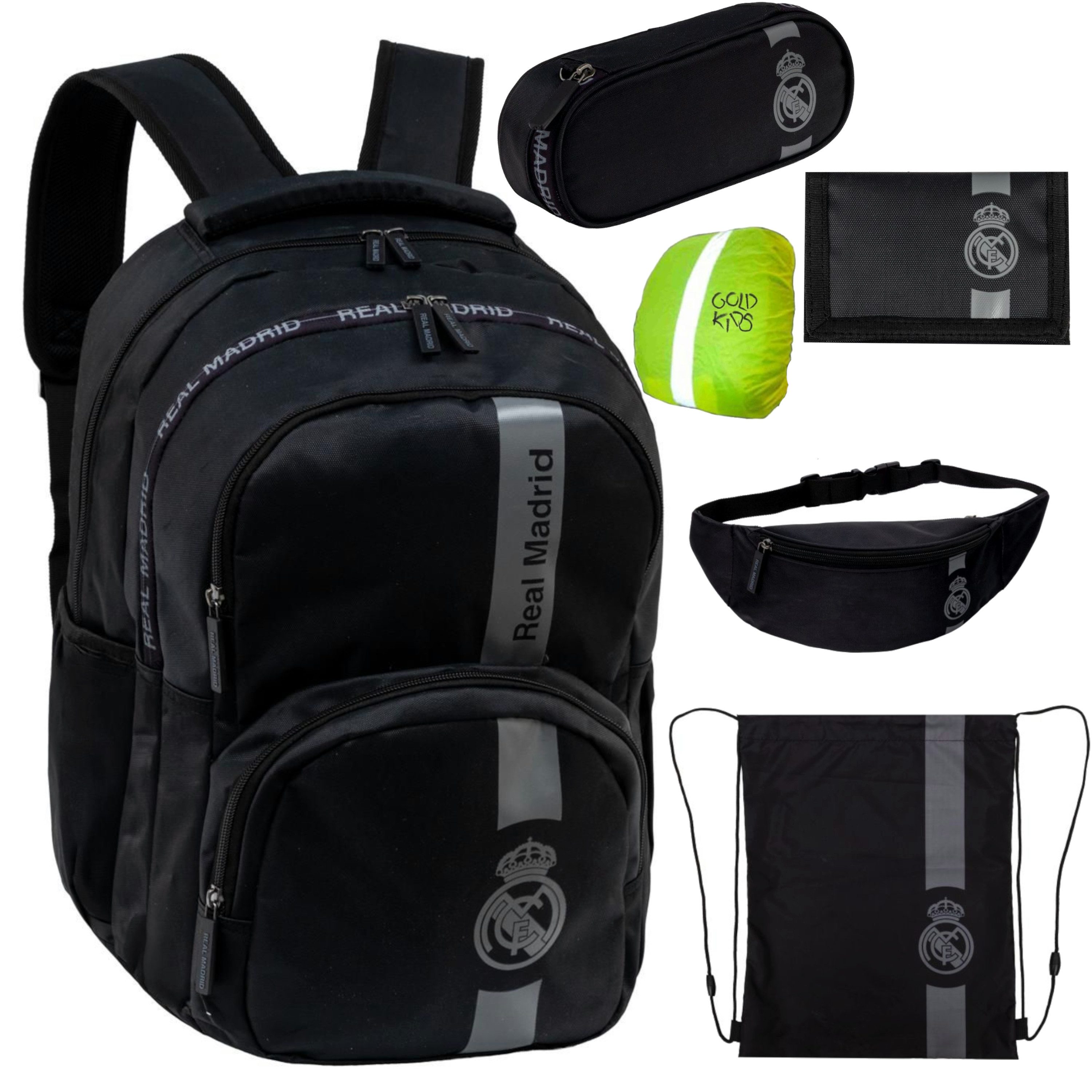 GOLDKIDS Schulranzen für Jungen und Mädchen, 6er-Set - (Schul-Rucksack für Kinder mit Schlampermäppchen-, 1-tlg., - und Regenschutz), - Real Madryt Motiv