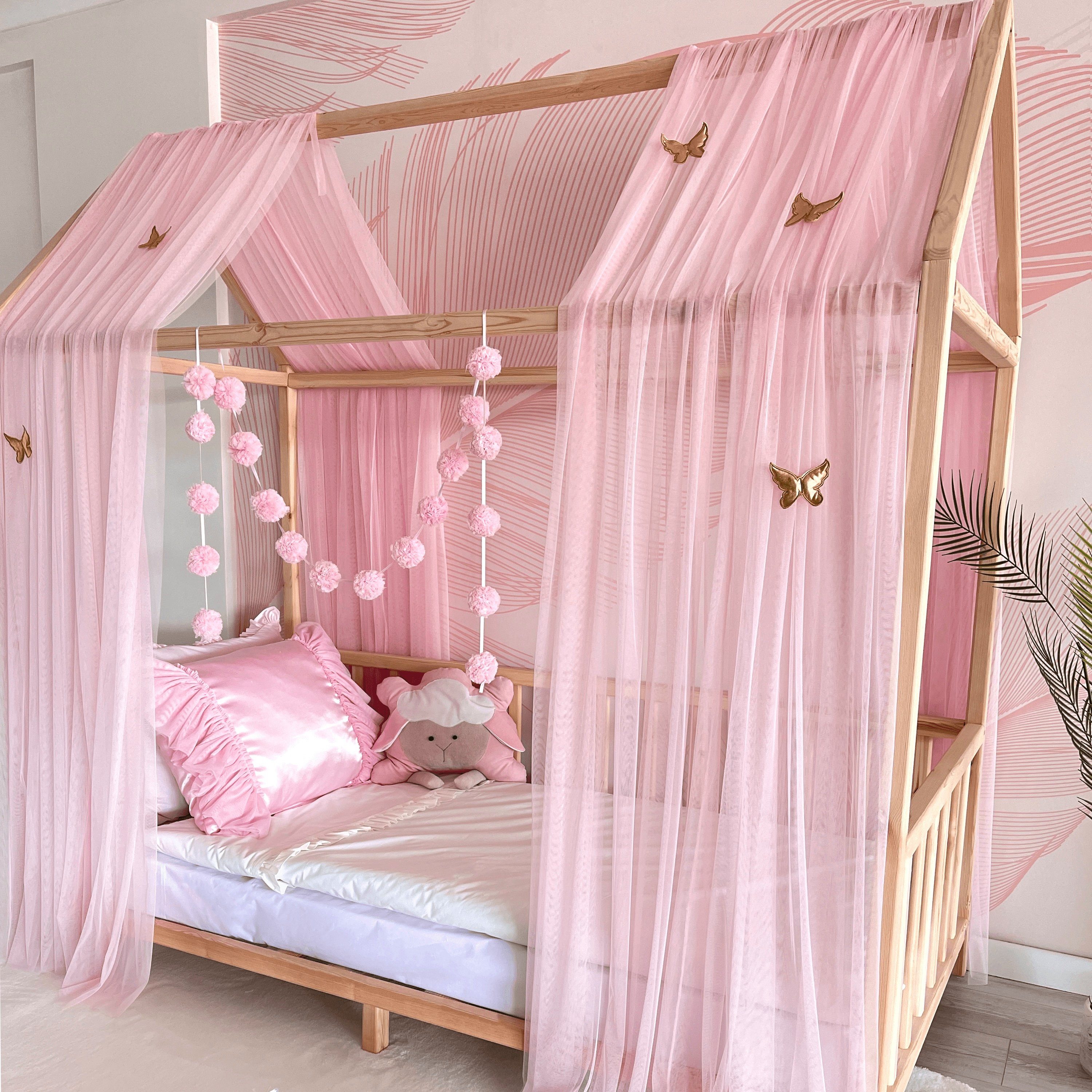 Baby Fancyroom Betthimmel Betthimmel Tüll Hausbett Kinderbett 2 Stück 340cm 380cm Montessori (3-tlg. Set mit 2 Stück Betthimmel und einer 20er Pomponkette, Baldachin, Kinder Betthimmel Baldachin Himmel Deko Set), Betthimmel für Hausbett Montessori