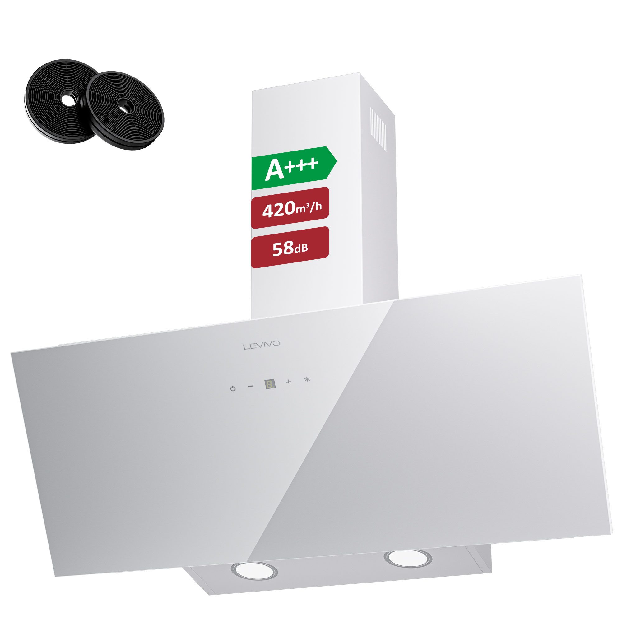 Levivo Kopffreihaube A+++ 420 m³/h Dunstabzugshaube 60cm und 80cm Umluft & Abluft A+++ 420 m³/h Dunstabzugshaube 60cm und 80cm Umluft & Abluft, Aktivkohlefiltern, Fettfiltern, LED-Beleuchtung