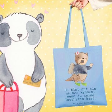 Mr. & Mrs. Panda Tragetasche Taucherin Herz - Sky Blue - Geschenk, Einkaufstasche, Jutebeutel, Aus (1-tlg), Lange Tragegriffe