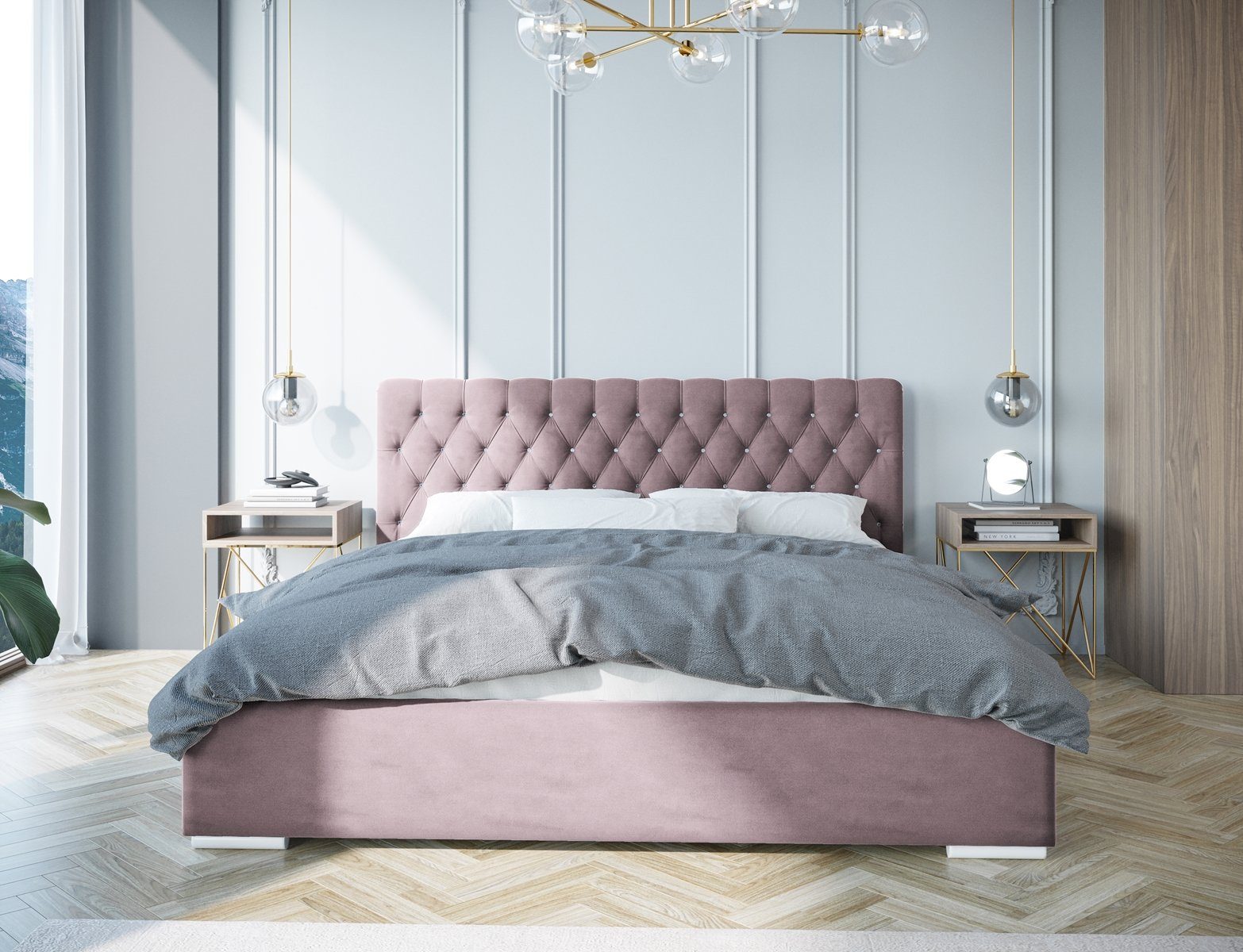 Beautysofa auf Liegehöhe, mit Lattenrost, 27) Puderrosa KLAUS Doppelbett), (Bett, Holzgestell Boxspringbett (kronos komfortable Gasflaschen