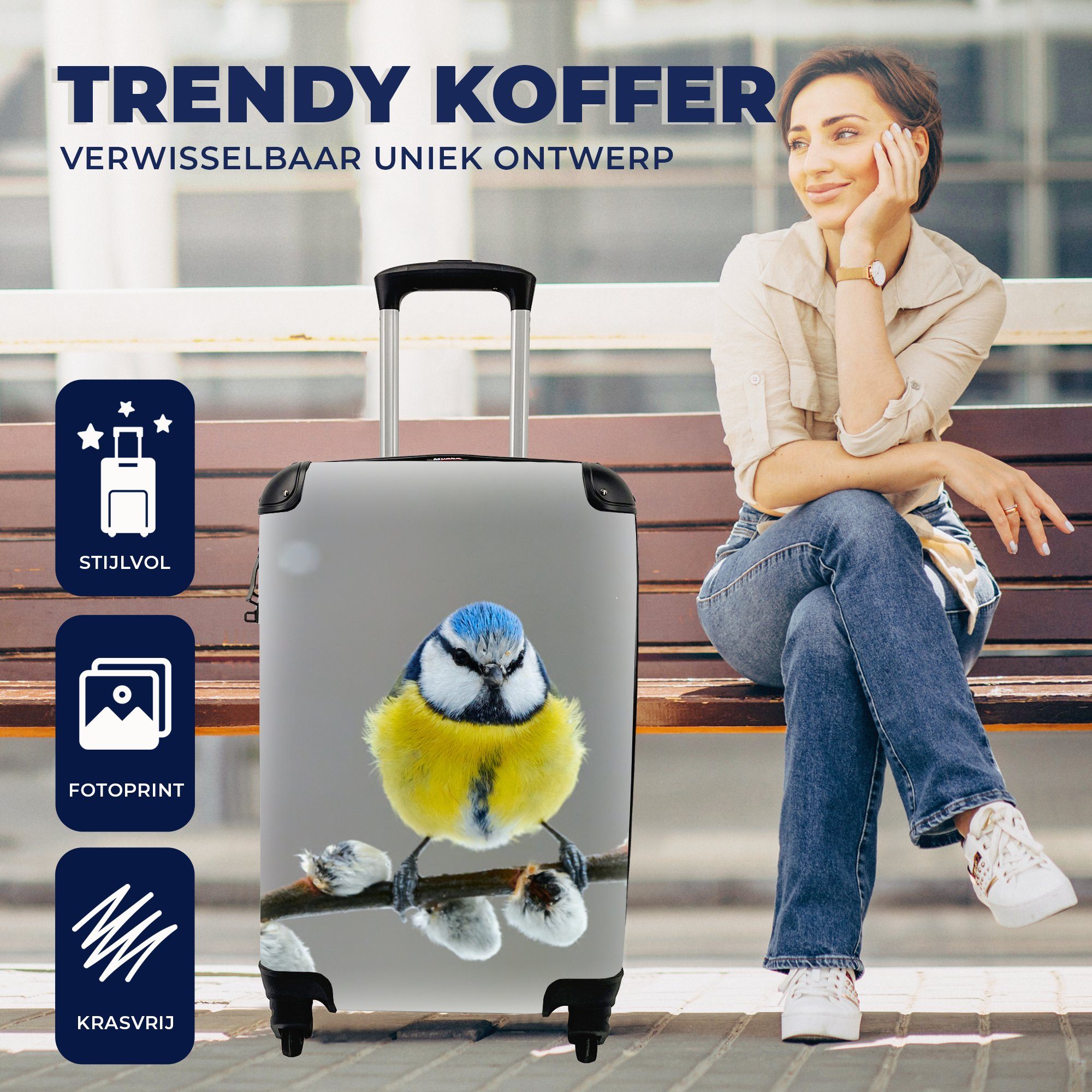 MuchoWow Handgepäckkoffer Zweig rollen, Vogel mit Reisekoffer Blaumeise 4 Blau, - Gelb Ferien, Trolley, Reisetasche - Rollen, Handgepäck - - für