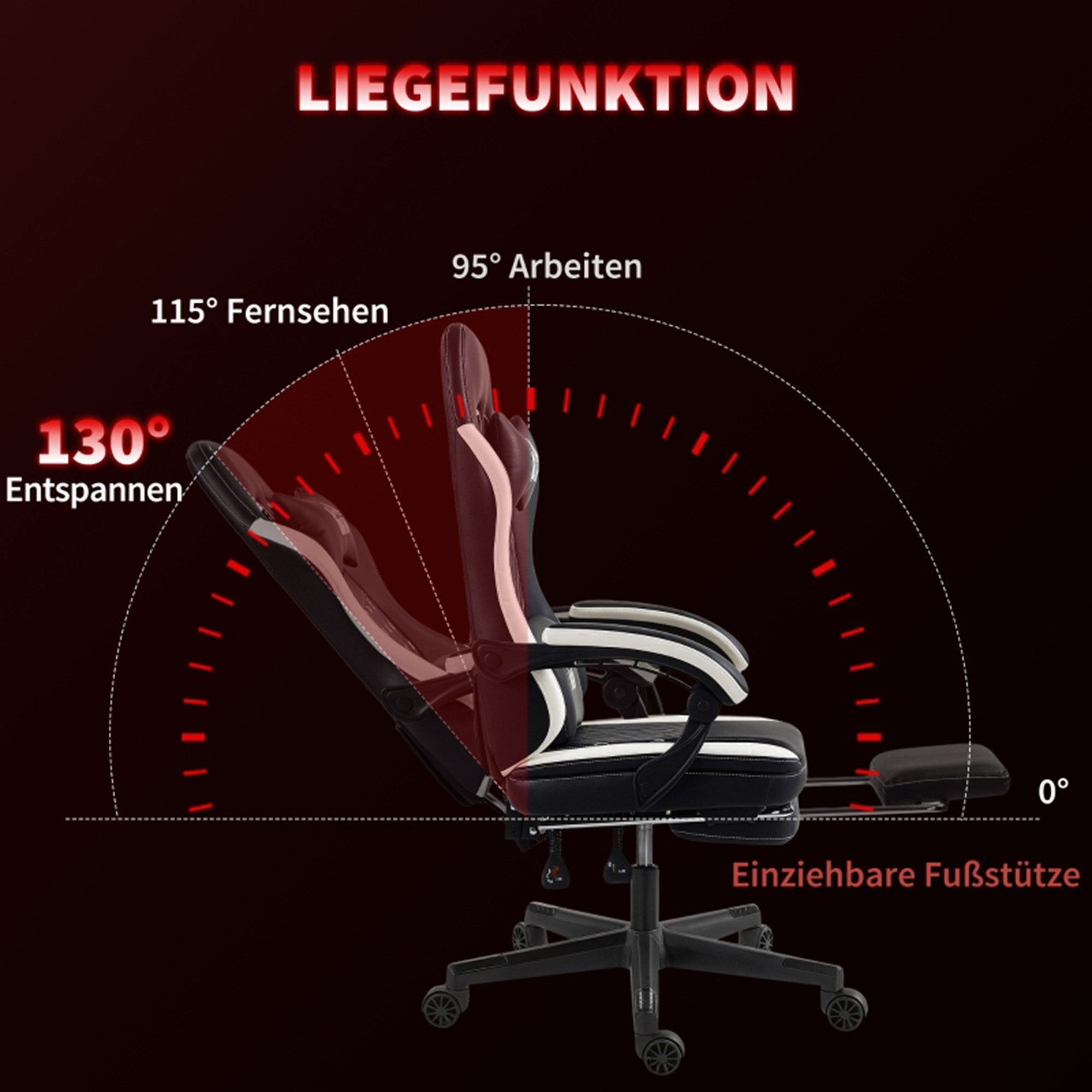MC Star Gaming-Stuhl mit Fußstütze, Computerstuhl mit Kopfstütze & Kissen (Kunstleder-Bezug, drehbar, höhenverstellbar, Metall, Kunststoff, Schwarz+Weiß)