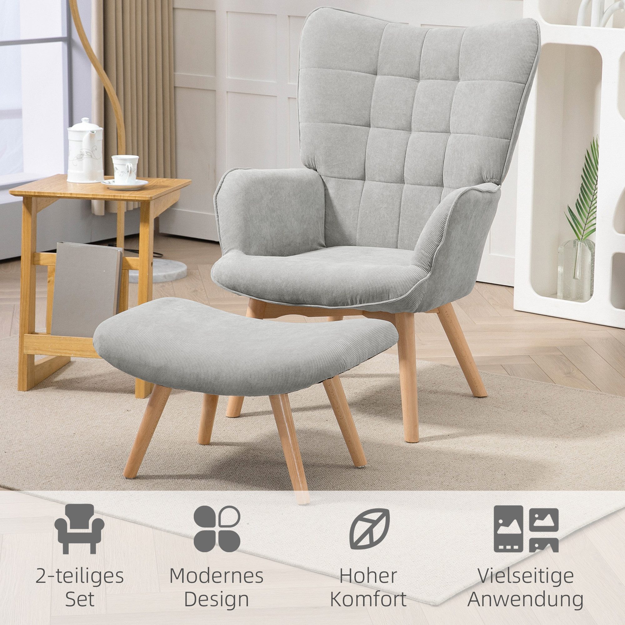 MODFU Loungesessel Ohrensessel,Relaxsessel,Polstersessel (Ohrensessel mit Hocker in Cord-Optik – Relaxsessel mit Holzfüßen & Polsterung, perfekt., Sessel: 72L x 80B x 101H cm. Ottomane: 65L x 43B x 38H cm), mit Relaxfunktion