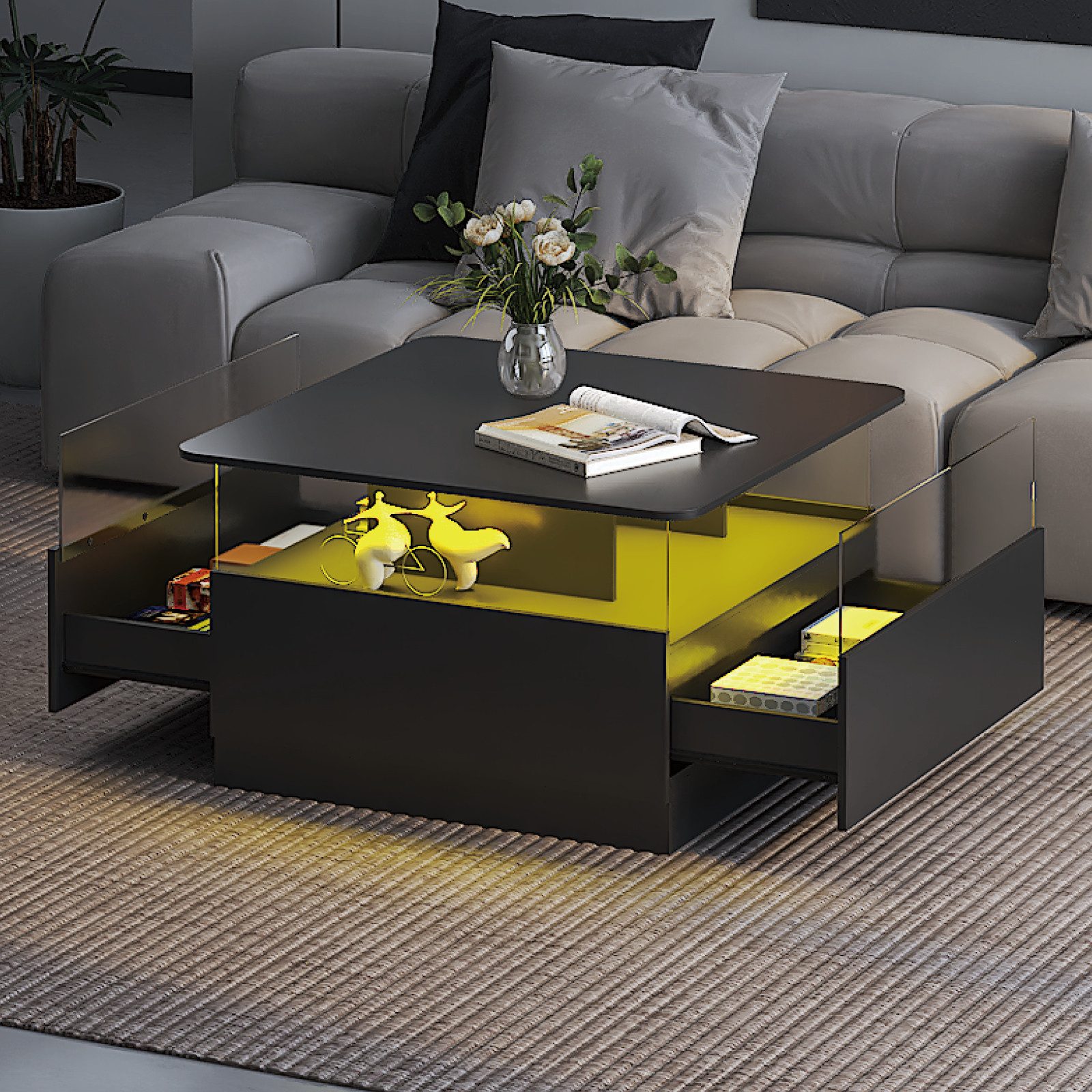 radelldar Couchtisch quadratisch mit LED-Beleuchtung und 2 Acryltüren-Schubladen (1-St), Wohnzimmertisch Beistelltisch, 78x78x48cm