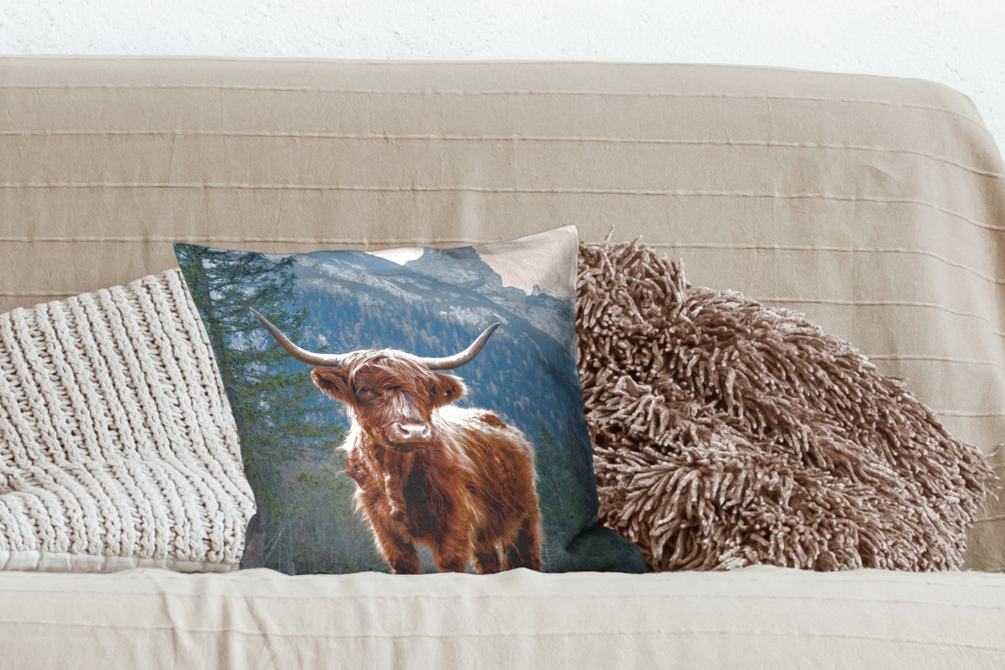 - für Kuh Deko, Dekokissen mit Natur, Wohzimmer, Highlander Sofakissen Schlafzimmer, - Füllung MuchoWow Zierkissen Schottischer