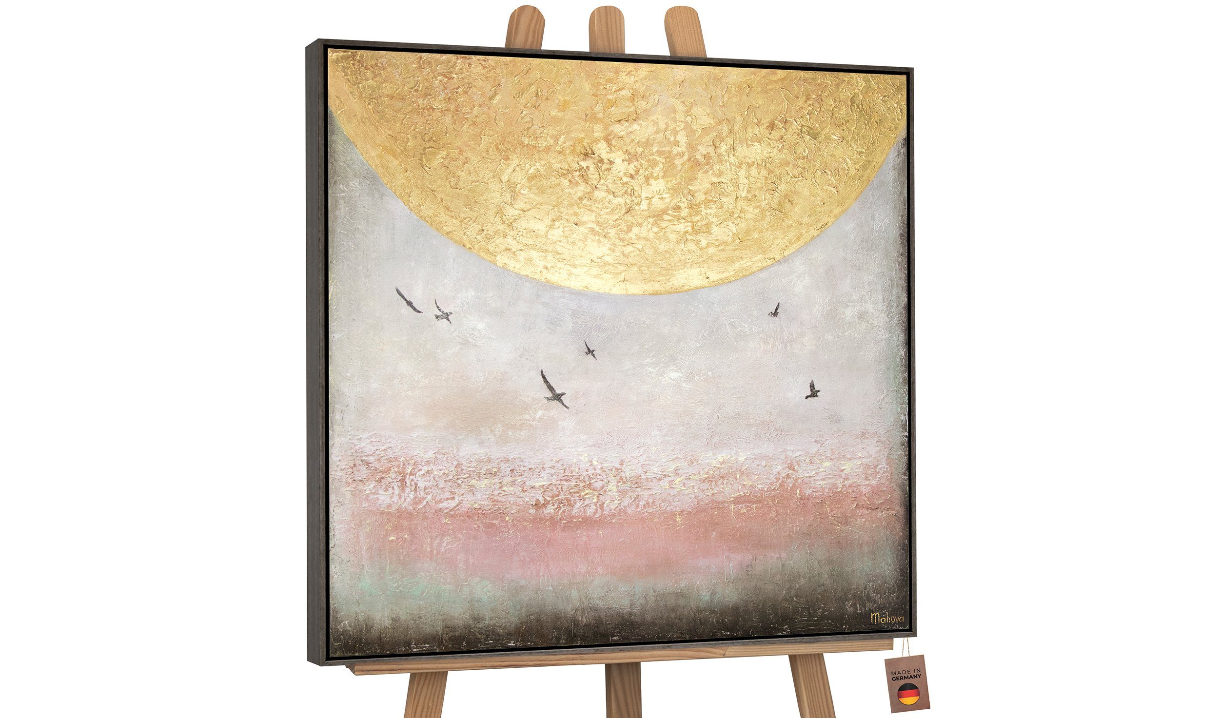 YS-Art Gemälde Sonnenenergie II, Landschaft, Leinwand Bild Handgemalt Goldene Sonne Vögel Abstrakt Mit Rahmen in Grau