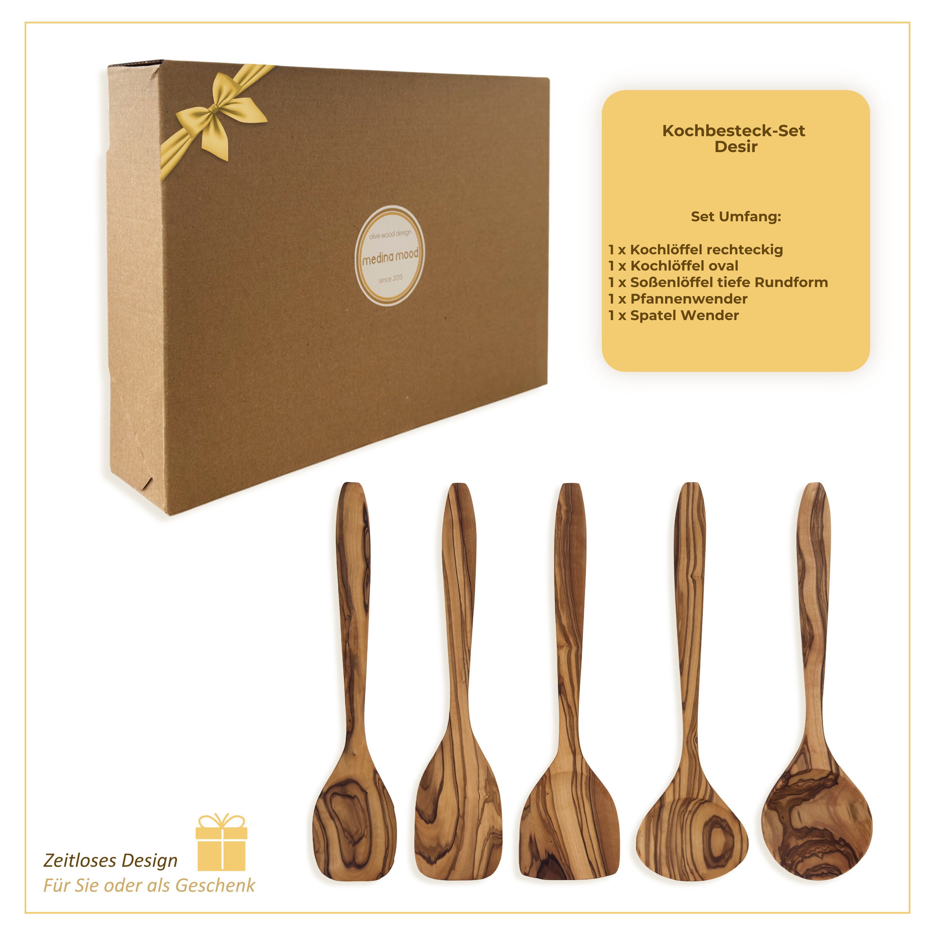 medina mood Kochbesteck-Set „Desir“ L 30 cm 5-teilig aus edlem Olivenholz (1-tlg), komfortabel, perfekt für alle Kochbedarfe