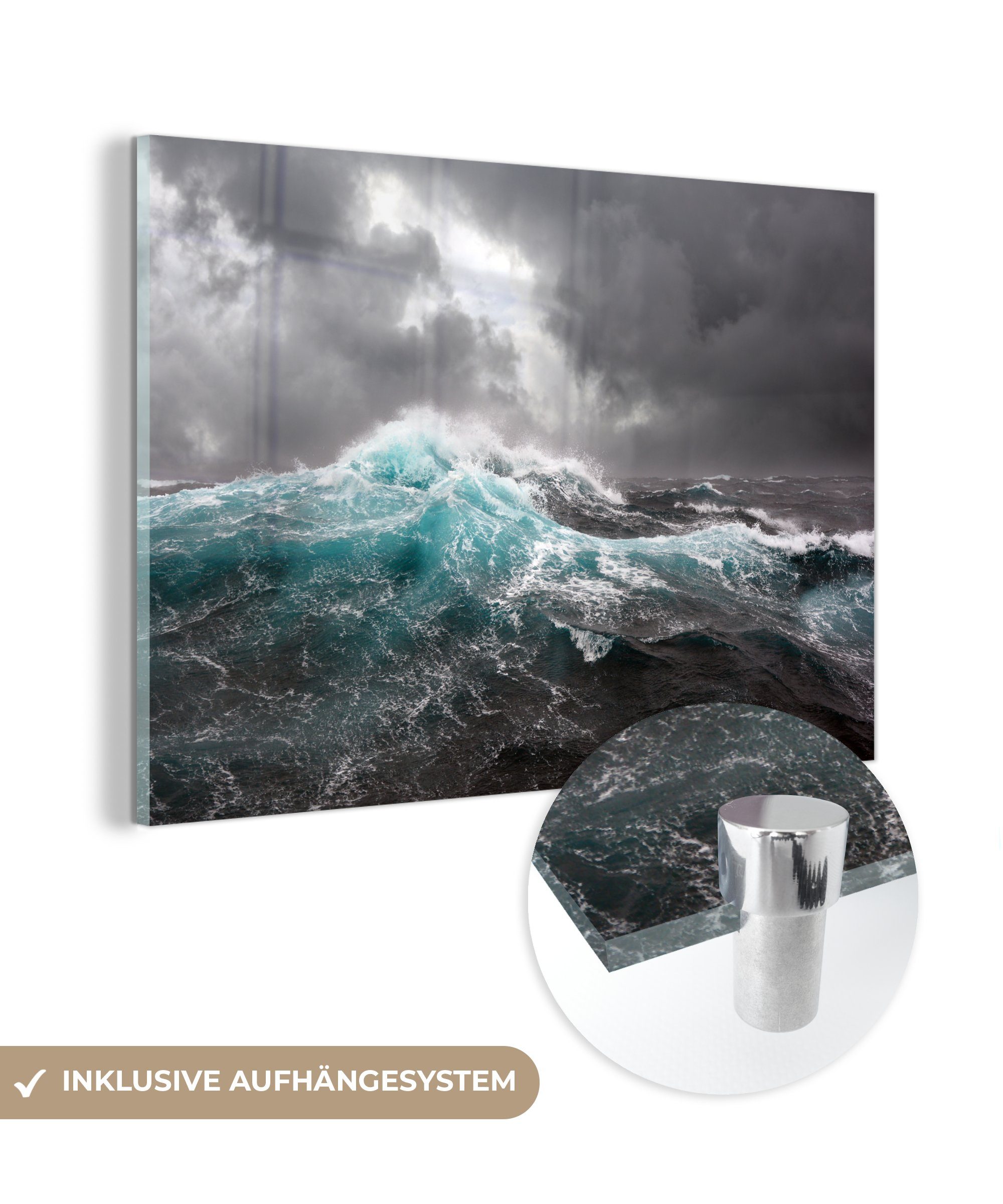 MuchoWow Acrylglasbild Ozean - Sturm - Welle, (1 St), Glasbilder - Bilder auf Glas Wandbild - Foto auf Glas - Wanddekoration