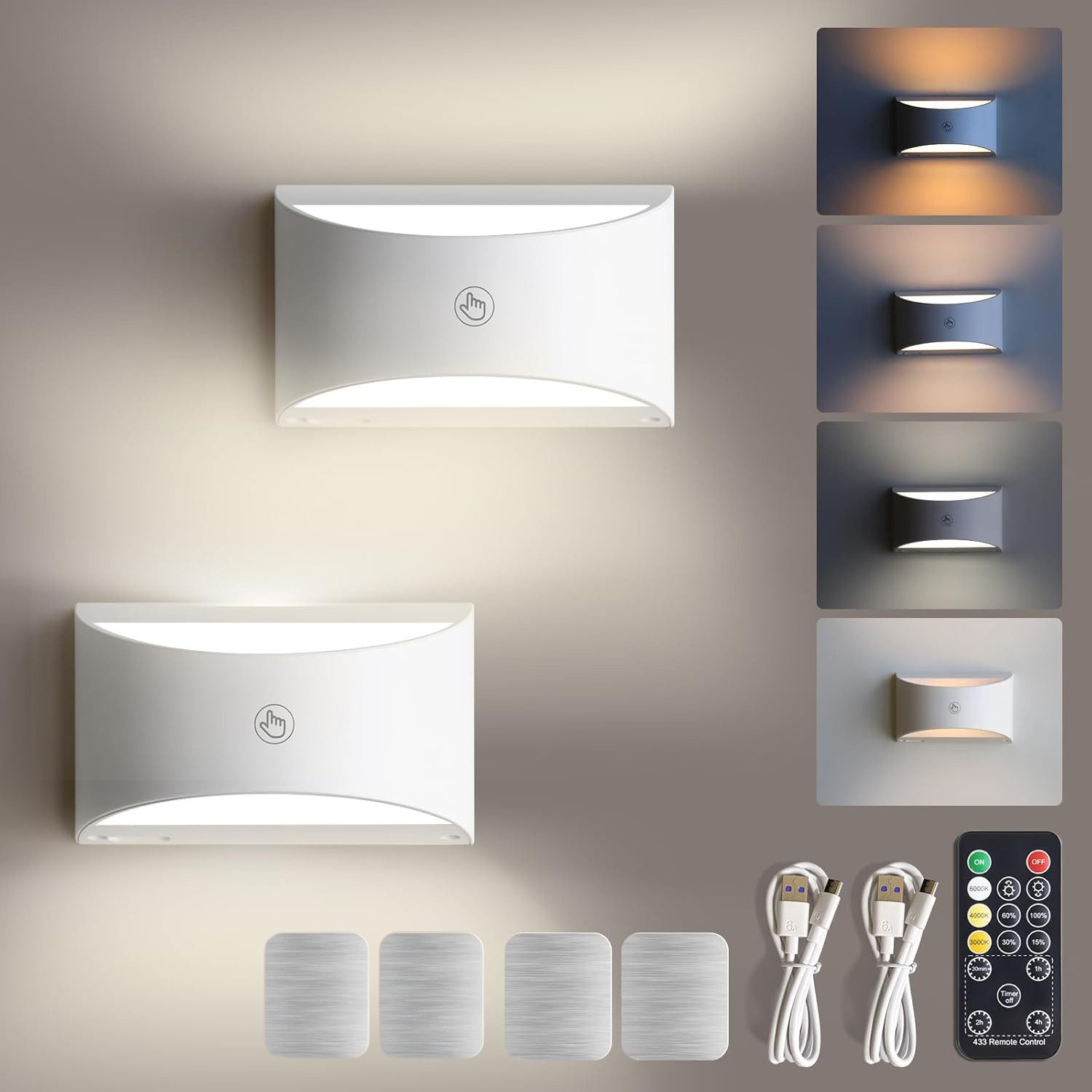 Futicare LED Wandleuchte für Innen, LED Wandleuchte kabellos magnetisch, 3 Farben dimmbar, (3000K, 4000K, 6000K),LED-Leuchtmittel fest verbaut, Akku-Lampe mit Fernbedienung, Up & Down Licht für Schlafzimmer & Flur