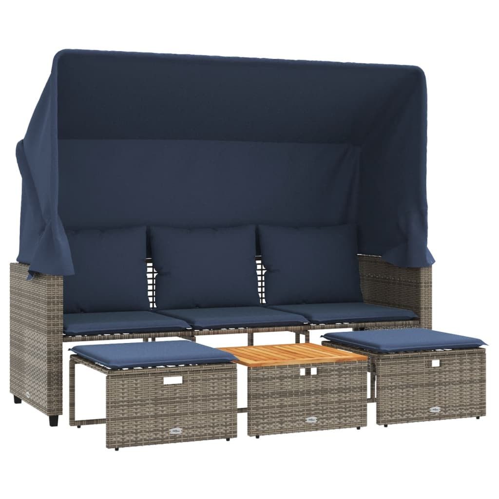 vidaXL Loungesofa Gartensofa 3-Sitzer mit Baldachin und Hockern Grau Poly Rattan